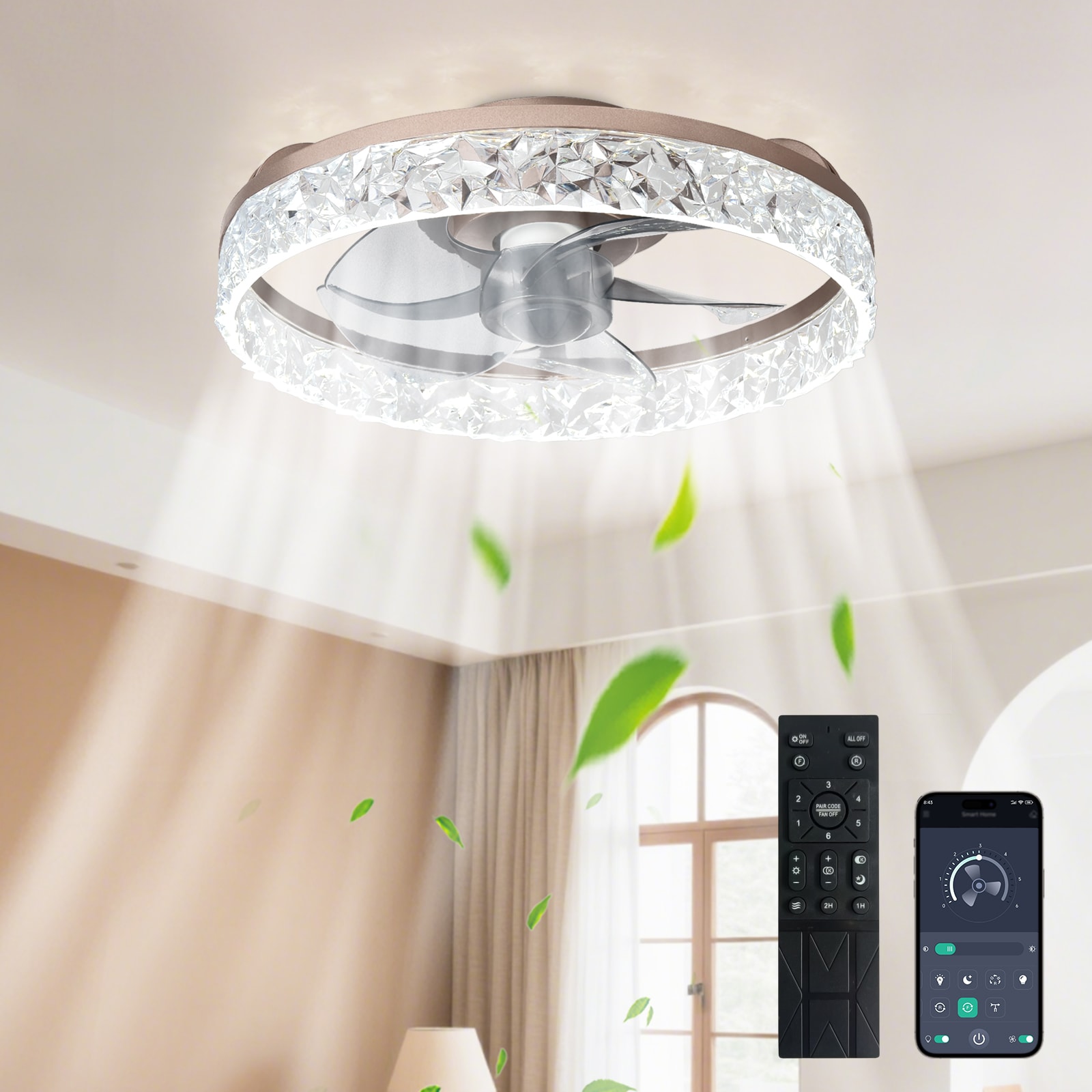 Depuley 195 196 16-in brown with gray Blades LED Flush Mount Ceiling Fan With Light and Remote Control Included 5 -Blade