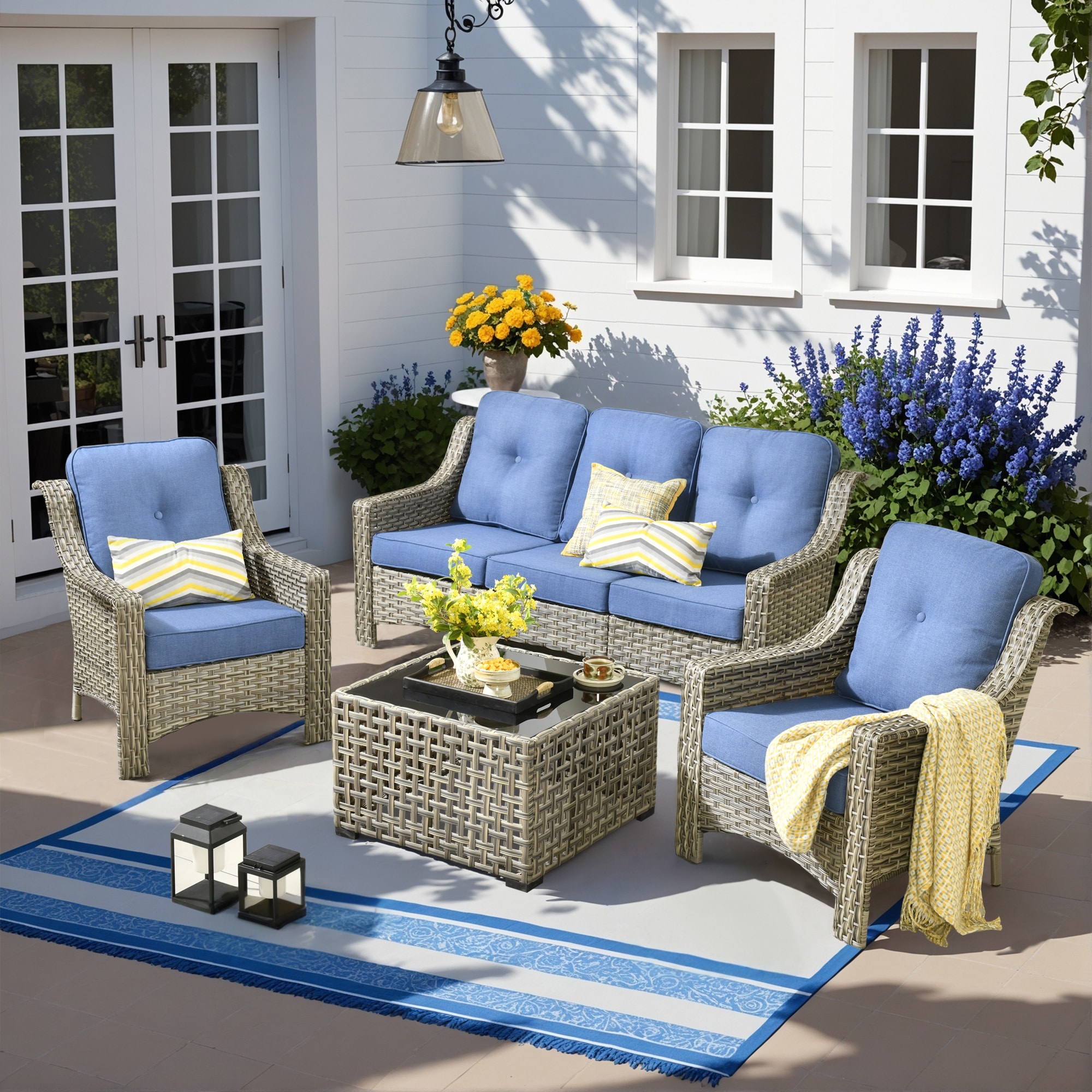 Caodoc L5-PAD504-T New right-Angles Rattan Outdoor Sectional with Blue Cushions and Rattan Frame