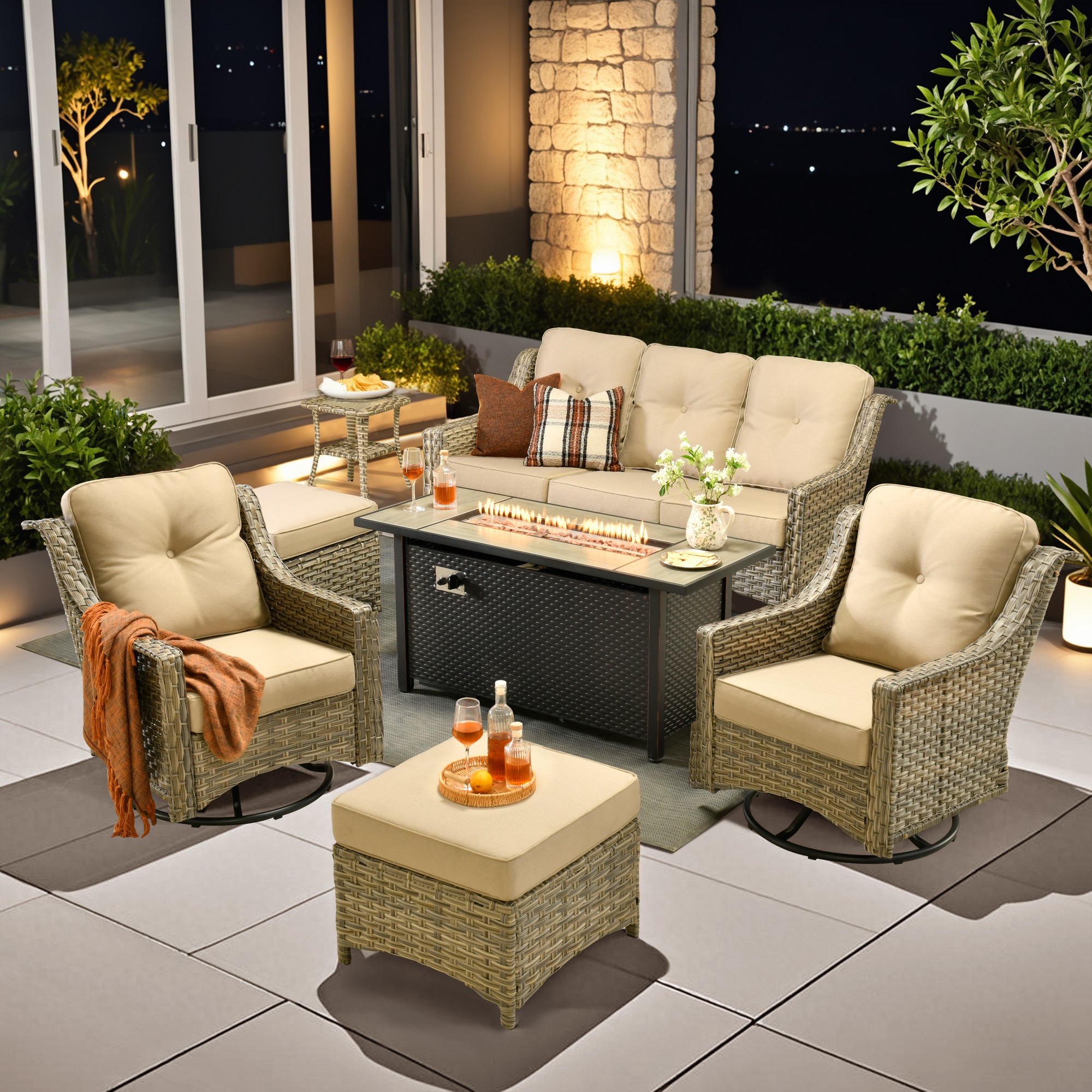 weaxty HMBCFP8503PADYZ71S6 Aireno 7 -Piece Wicker Patio Sofa Conversation Set with Off-white Cushions