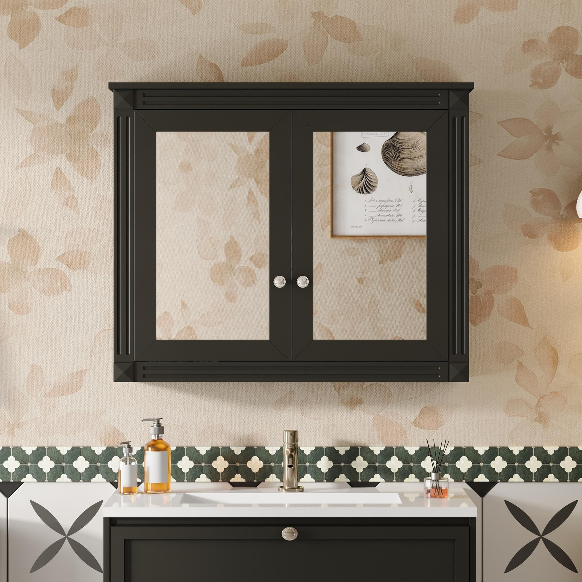 IAK 36 inch x 28 inch Blue Painted Solid Wood and MDF Medicine Cabinet with 2 Mirrors and 2 Adjustable Shelves