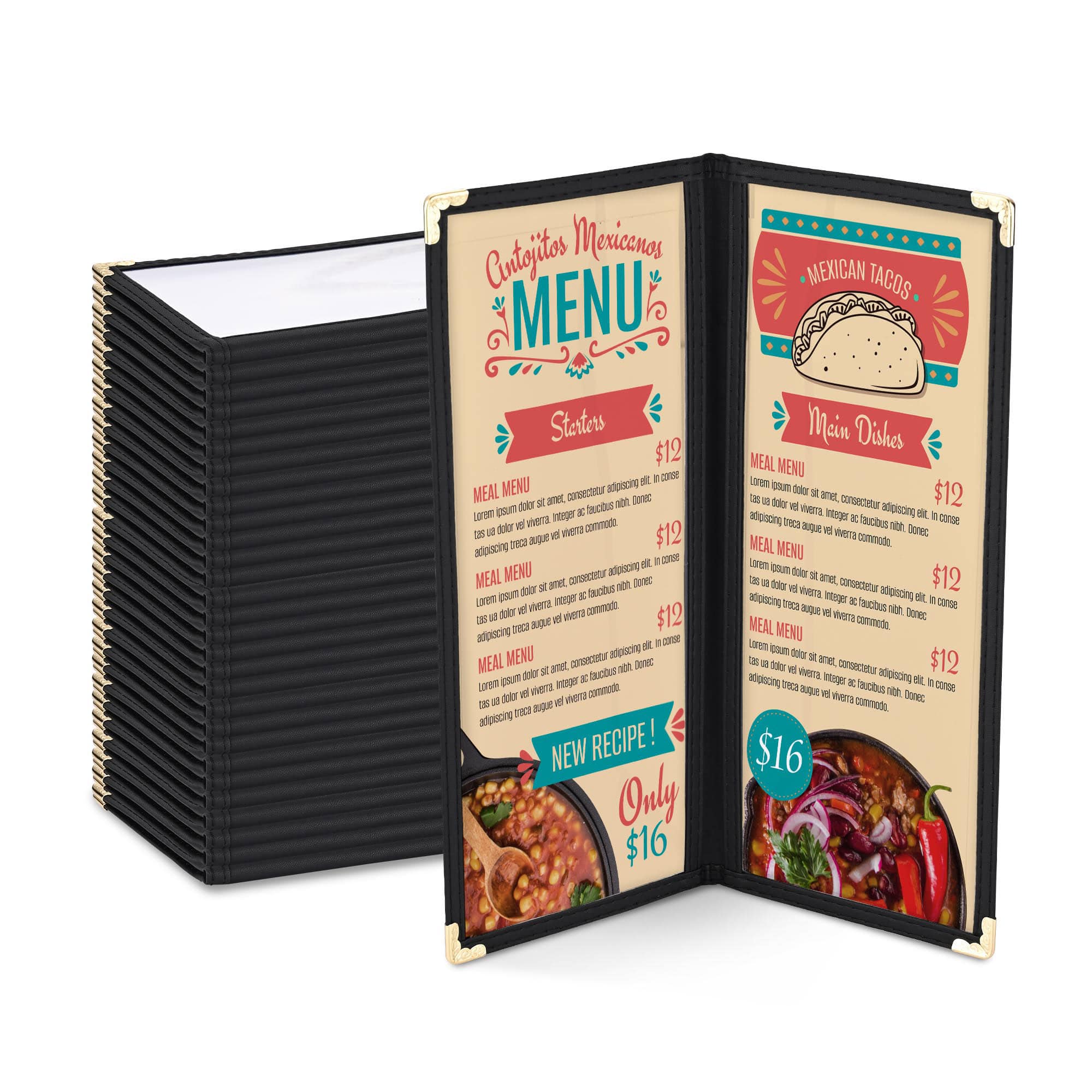 Yescom 26MNC031-411B2-06-LO WeChef 30 Packs Restaurant Menu Covers 4.25 x 11IN Double Fold 2 Pages 4 Views Black