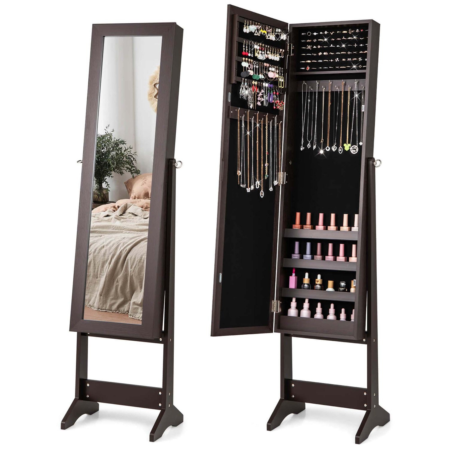 Costway HCST03598 Jewelry Mirrored Cabinet Armoire Organizer Storage Box with Stand Christmas Gift Coffee
