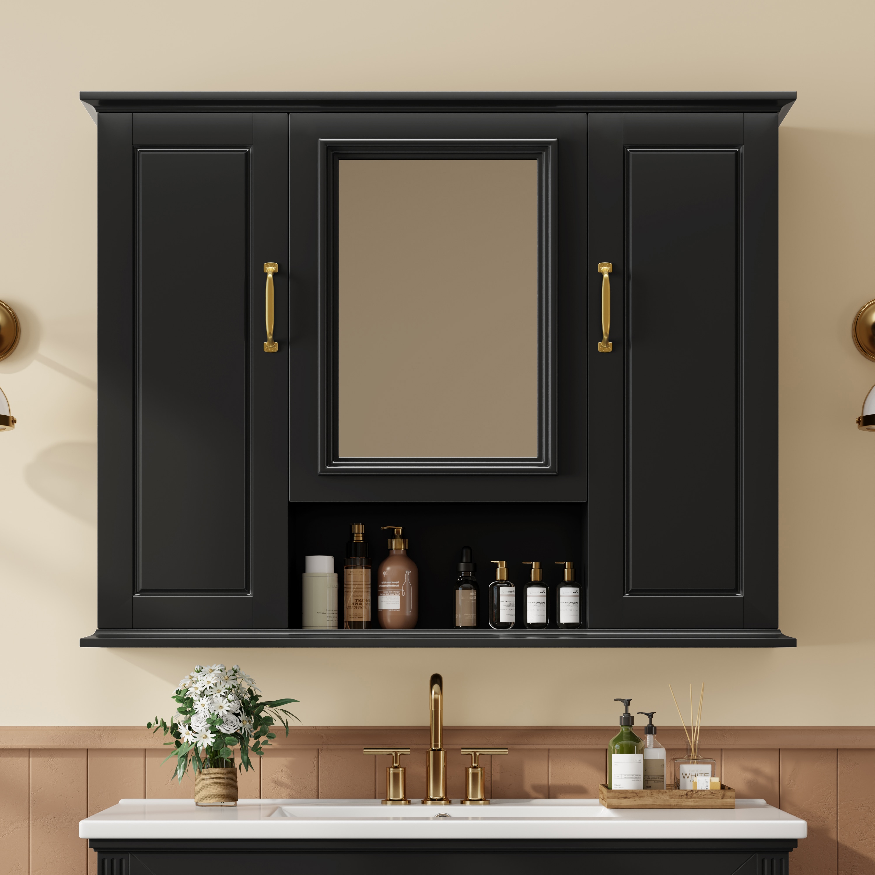 Huluwat 36 Inches Medicine Cabinet Wall Mounted Bathroom Storage Cabinet Modern Bathroom Wall Cabinet with Mirror Mirror Cabinet with 3 Doors (Not Include Bathroom Vanity )