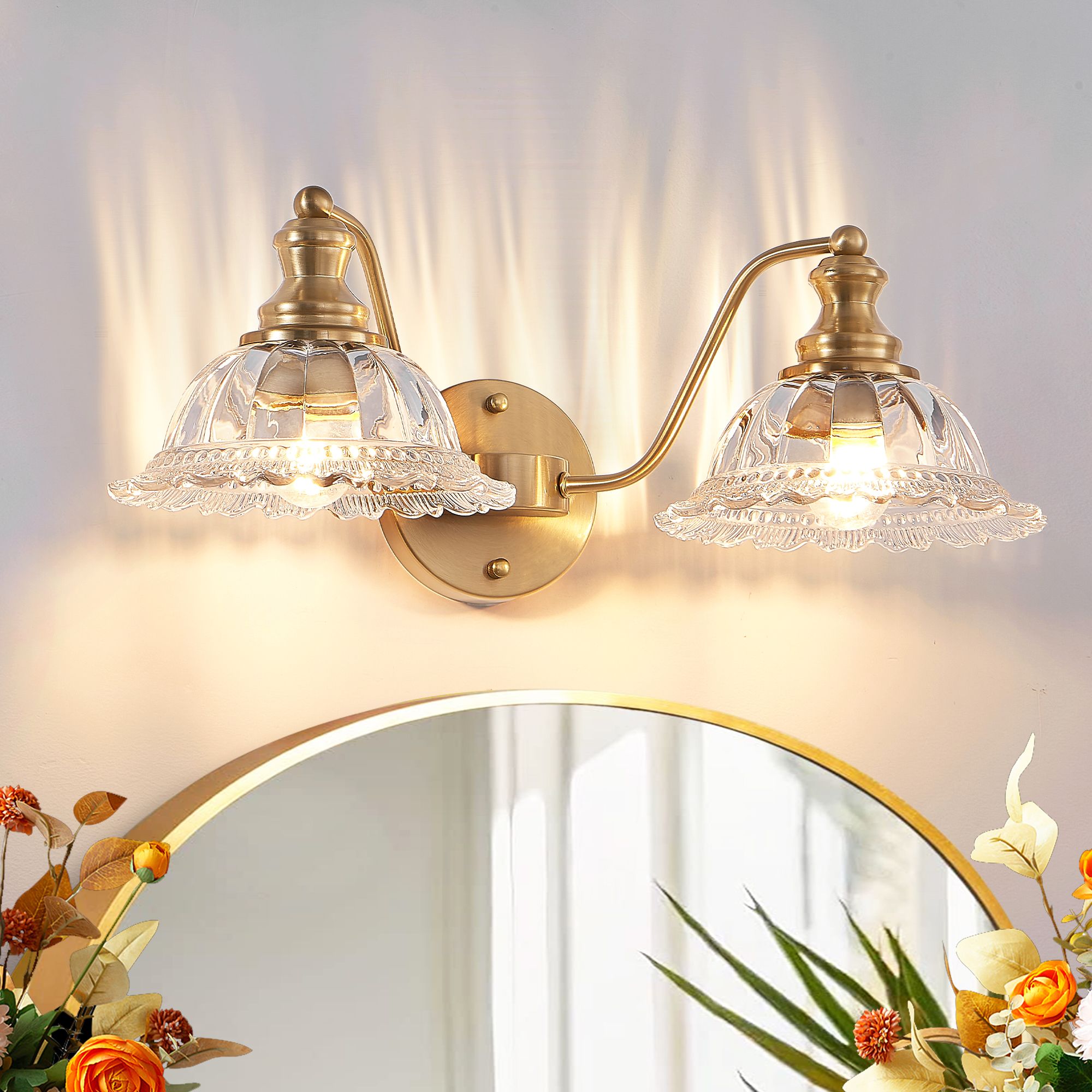 BEARSOLIM 20 Inch 2 Light Vintage Bathroom Wall Sconce  Elegant Golden Metal and Glass Lampshade Vanity Light Fixture for Bathroom Hallway or Bedroom (Bulb Not Included)