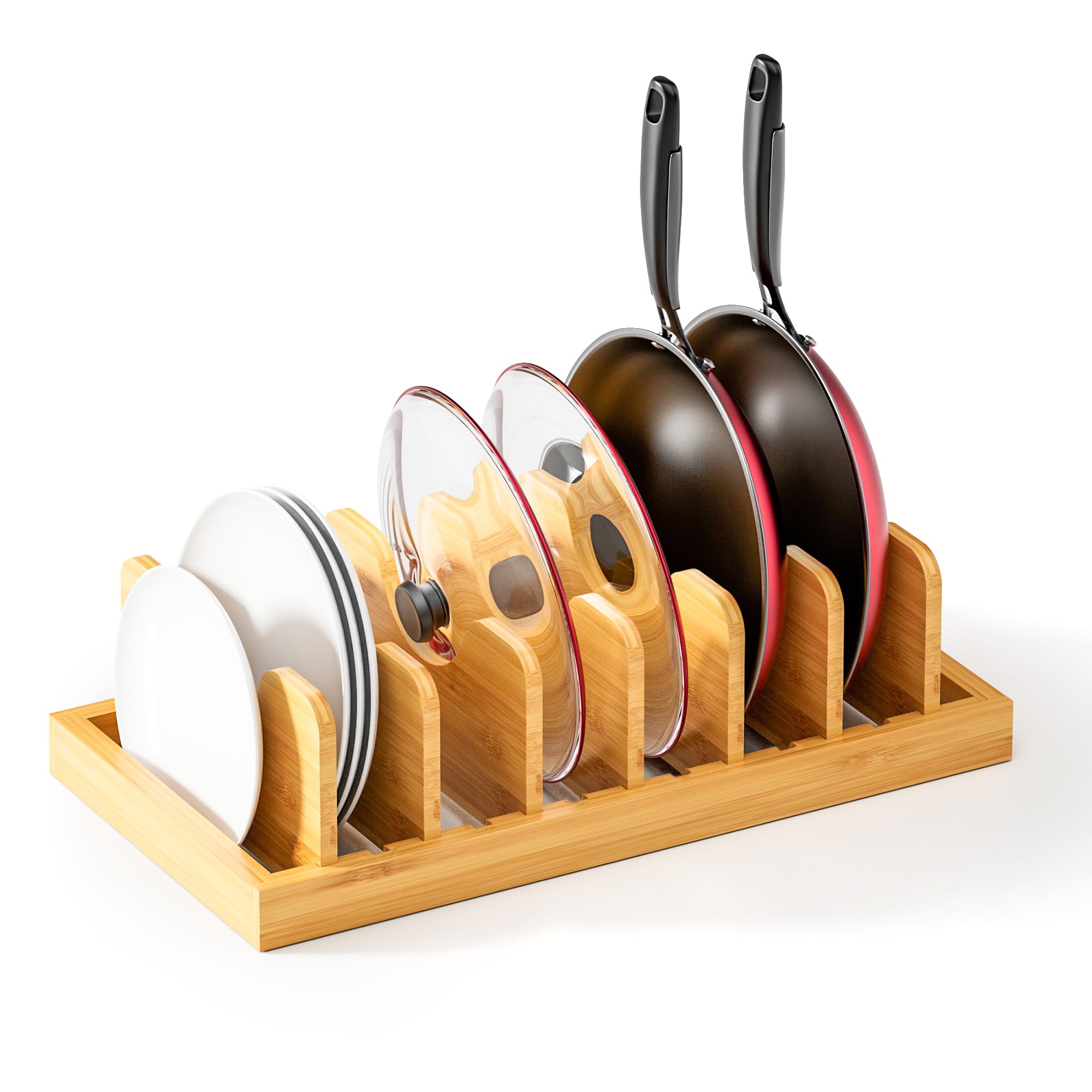 UUDULY  Bamboo Pot Lid Organizer for Cabinet Storage Kitchen Drawer Organizer for Pot Lids Pans Cutting Boards Baking Sheets Dinner Plates