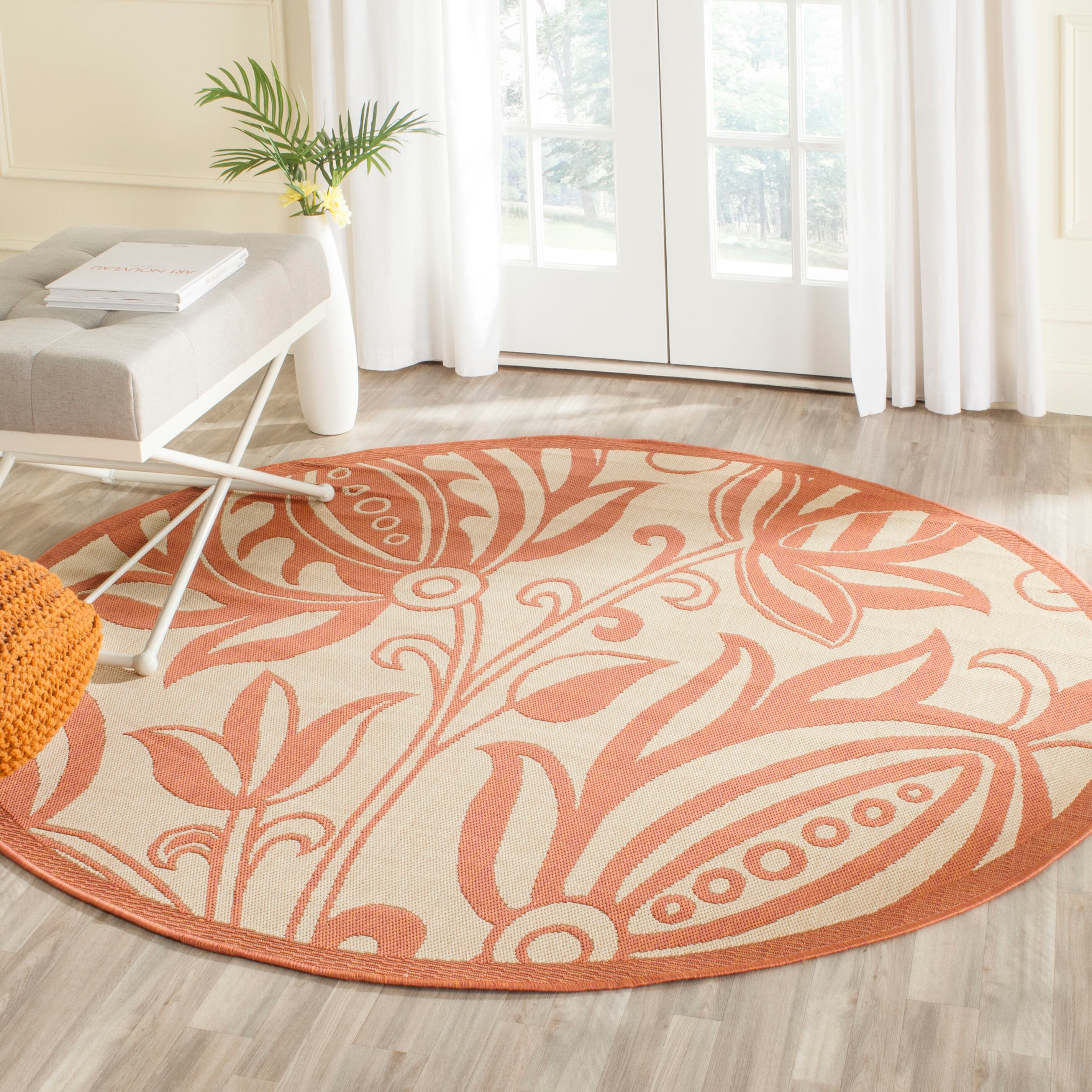 Safavieh CY2961-3201-5R Courtyard Blossums 5 x 5 (ft) Loomed Polypropylene Natural/Terra Round Indoor/Outdoor Floral/Botanical Coastal Area rug
