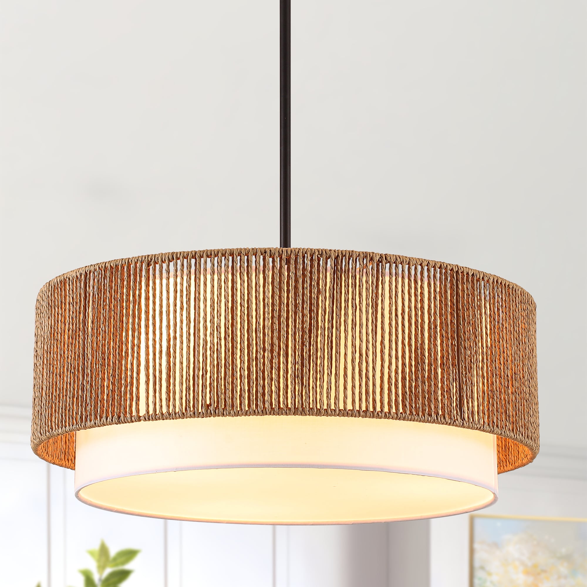 ZemSum 3-Light Bohemian/global Drum Pendant Light With Fabric Shade