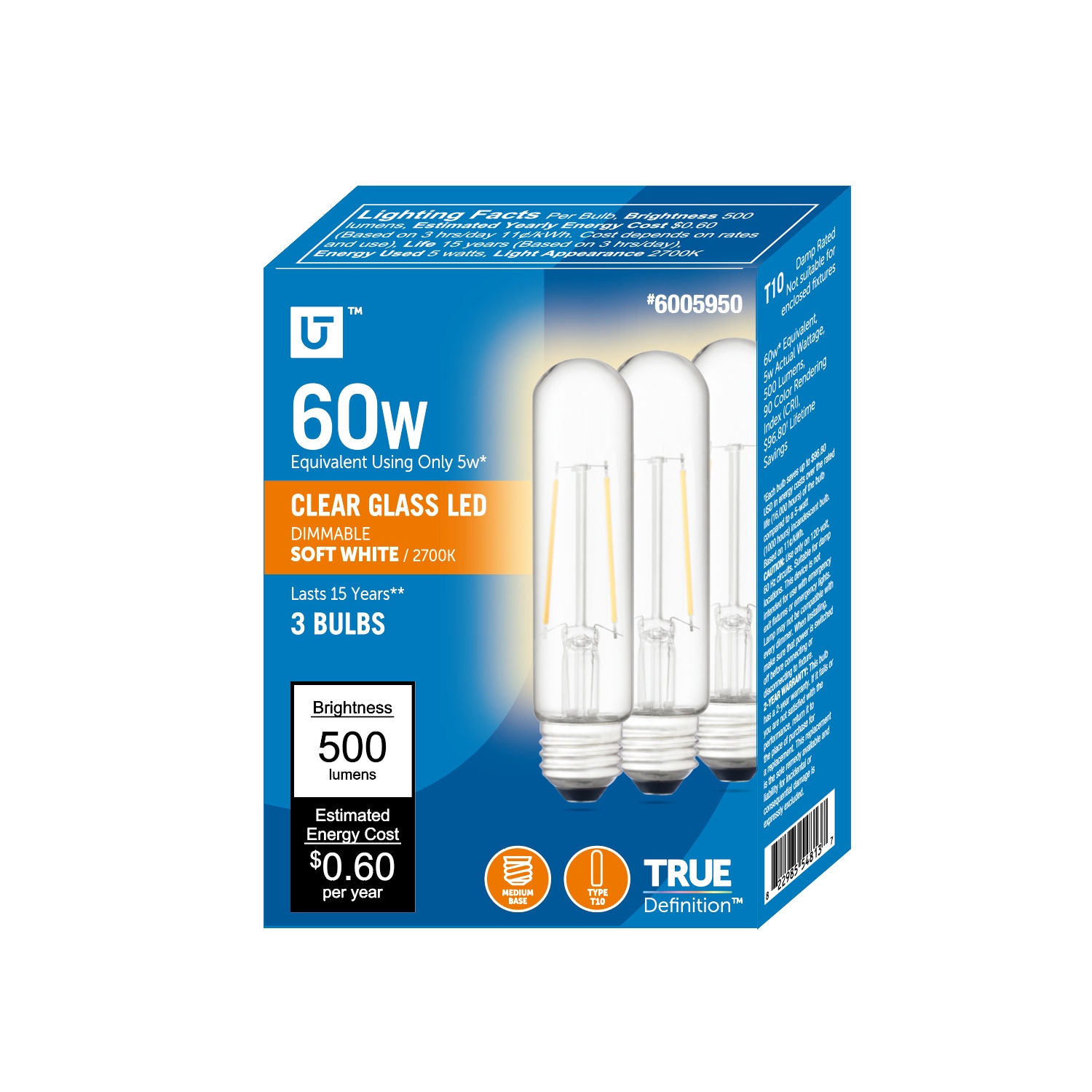 Utilitech 16C21-T10-C-5W-27 60 -Watt EQ T10 Soft white E26 Dimmable LED General purpose Light Bulb 3 -Pack