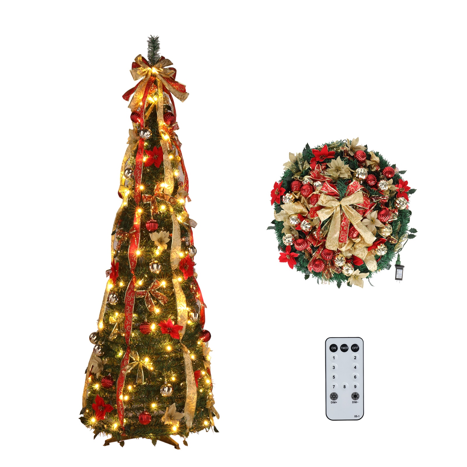 VINGLI LS-G53000194 6ft Pre lit Pop Up Christmas Tree with Lights Pre Decorated Artificial Pencil Xmas Tree Collapsible Christmas Tree Holiday Party Decorations RedGold