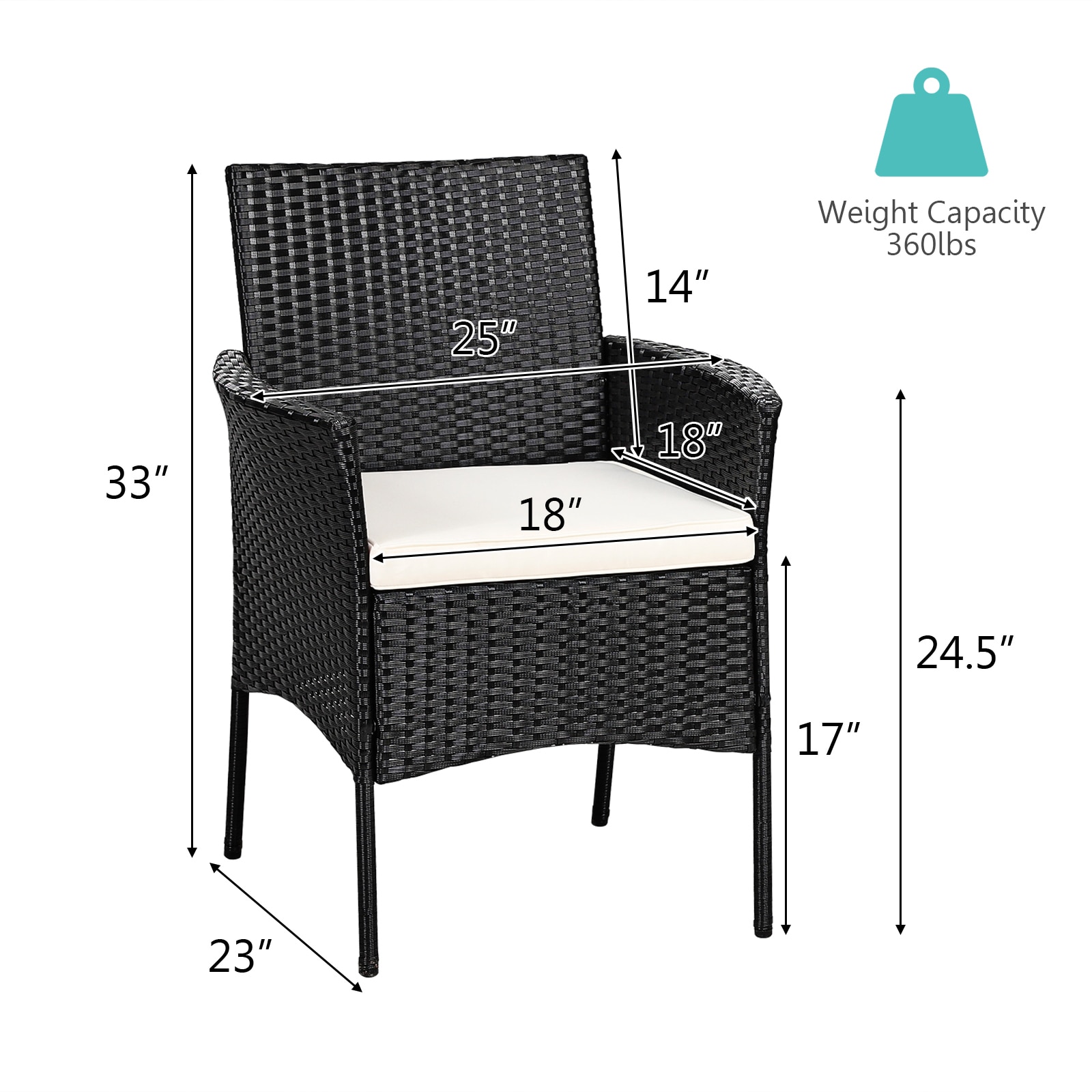 Black Wicker Outdoor Dining Chairs with Cushions, Set of 2