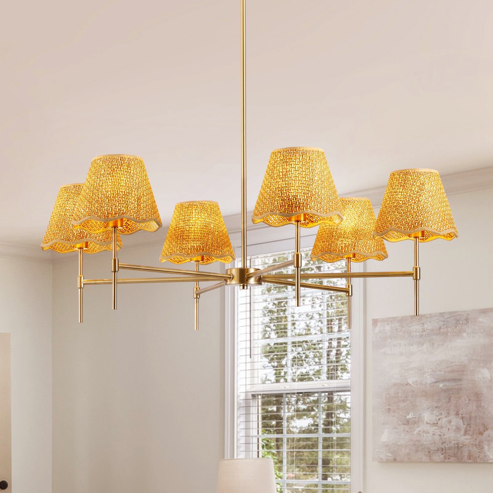 Basdien 37 in Gold Boho Rattan Chandelier 6 Lights Rustic Industrial Pendant Light Large Adjustable Pendant Lighting Fixtures for Kitchen Island Dining Living Room UL Listed E12 Bulbs Not Included Dimmable Handwoven Natural Rattan Mushroom Shades