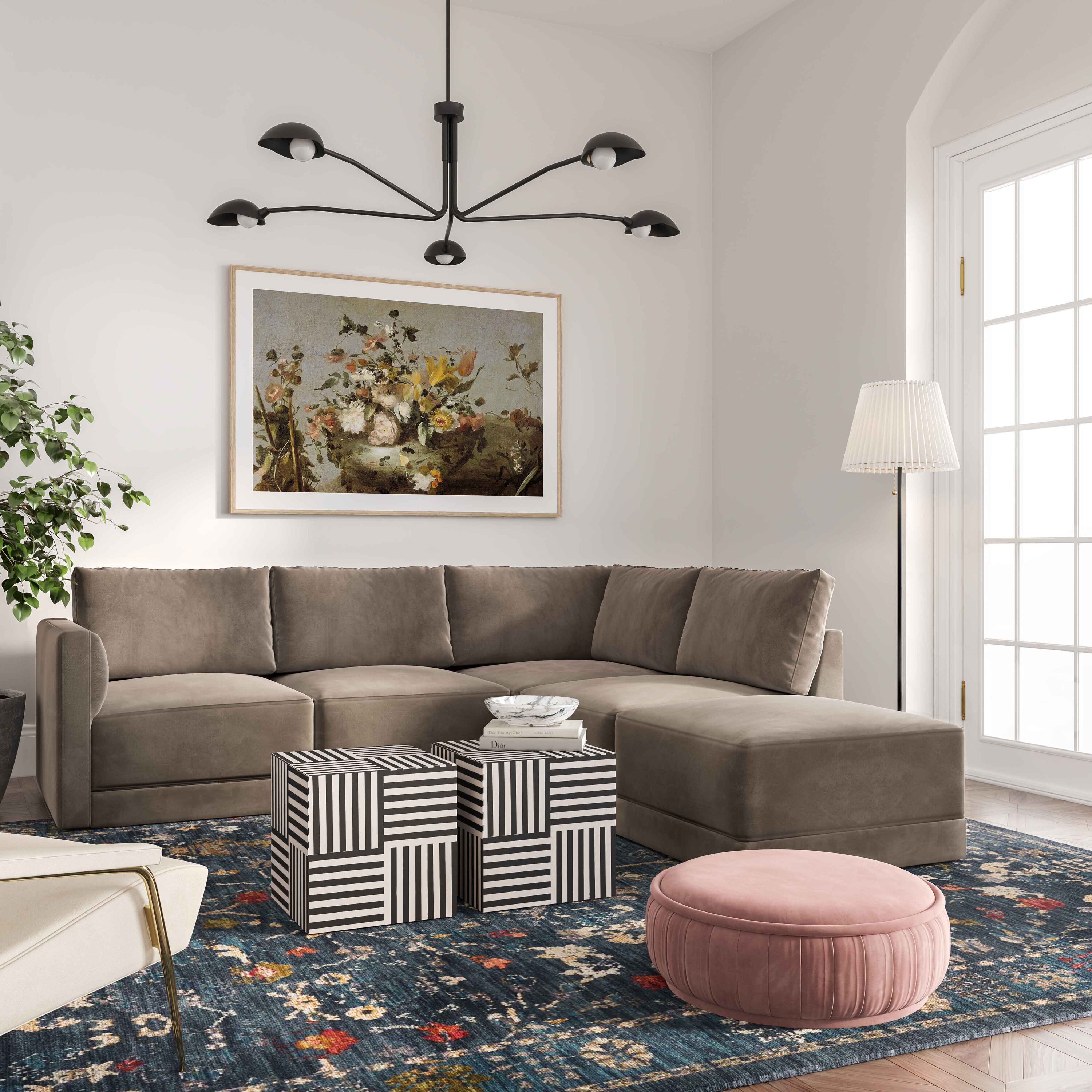 Willow Taupe Velvet Square Ottoman with Pine Frame