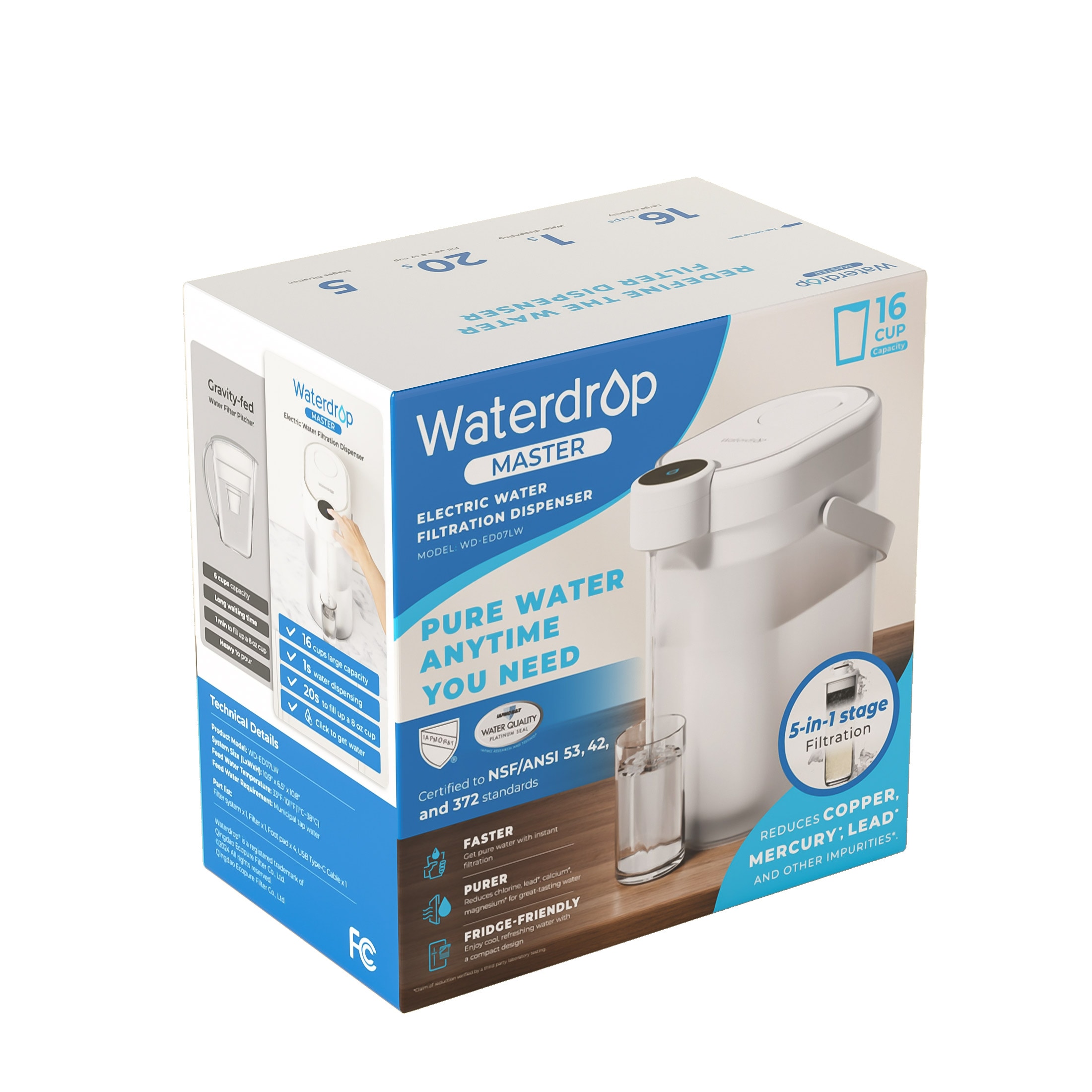 Waterdrop WD-ED07LW Electric Water Filtration Pitcher 18-Cup White Plastic Water filter pitcher