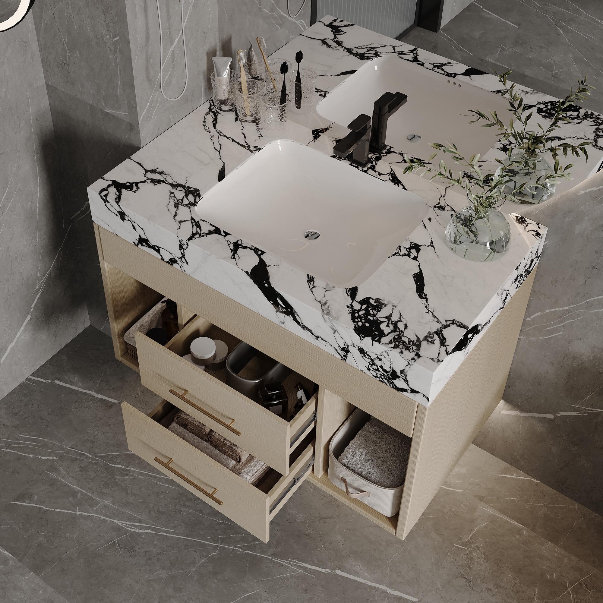 LOVMOR -  29.9-in Wall-Mounted Single Sink Bathroom Vanity White Sintered Stone Top Assembly Requ...