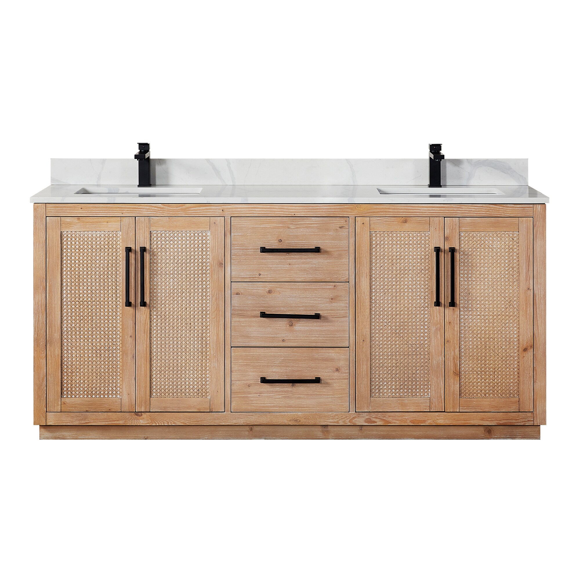 Light Brown Double Sink Freestanding Vanity with Rattan Doors and Quartz Top