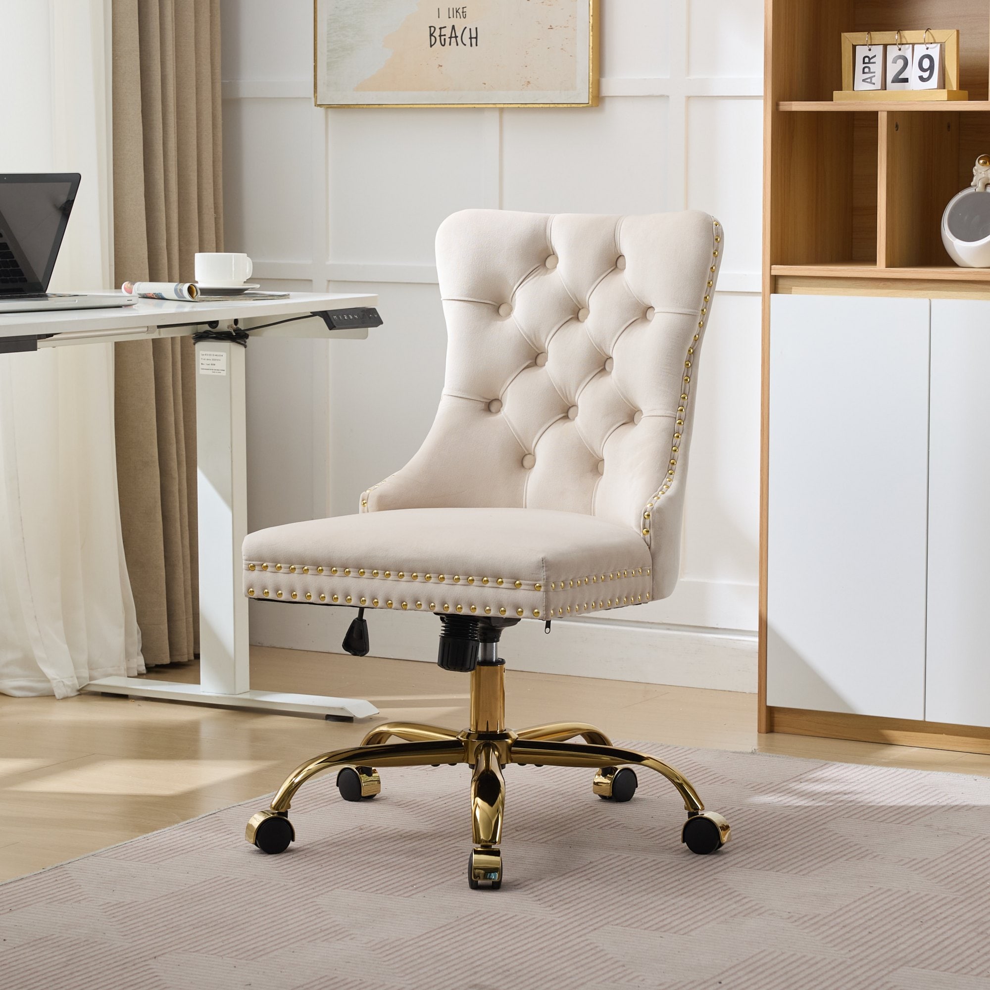 LOVMOR SF-L-W1143P292466 Modern Velvet Upholstered Tufted Button Home Office Chair with Golden Metal Base Adjustable Desk Chair Swivel Office Chair Beige