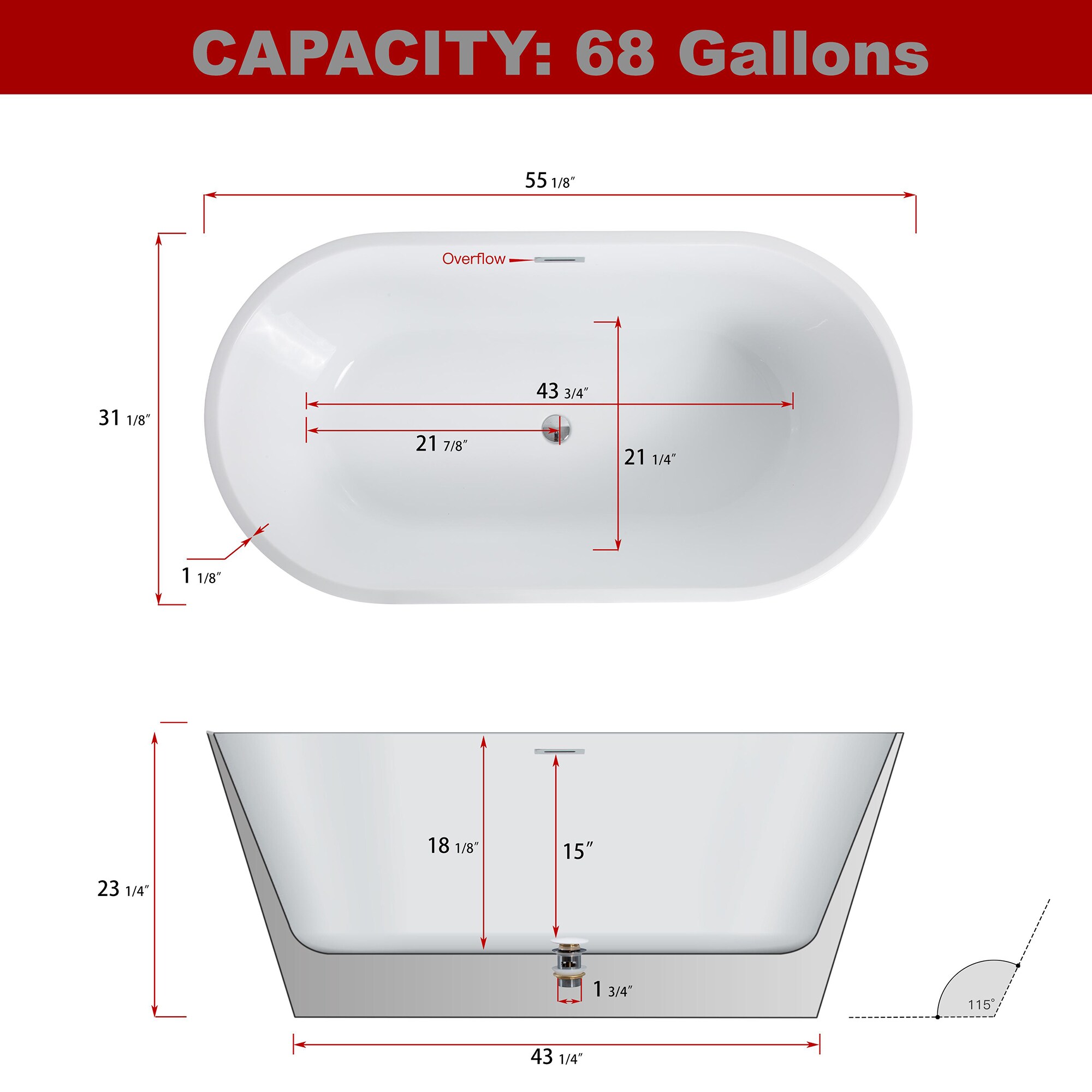 HEATGENE 55" White and Matte Black Acrylic Freestanding Bathtub