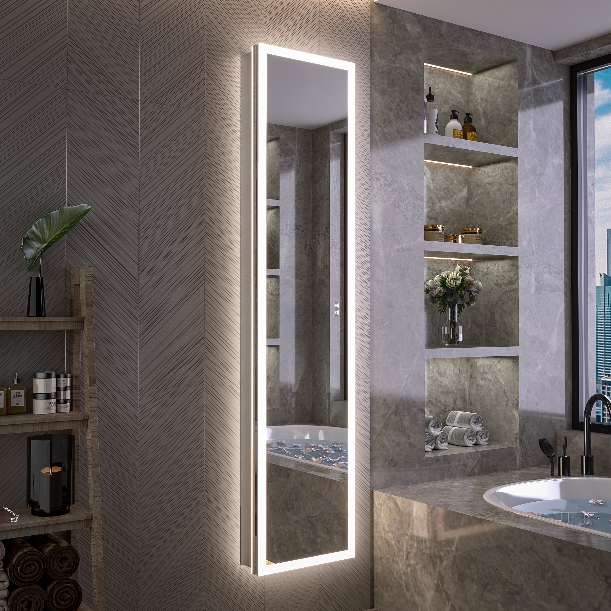 ES-DIY Full Length LED Medicine Cabinet 20-in x 70-in Lighted LED Surface/Recessed Mount Silver Mirrored Rectangle Soft Close Medicine Cabinet with Outlet