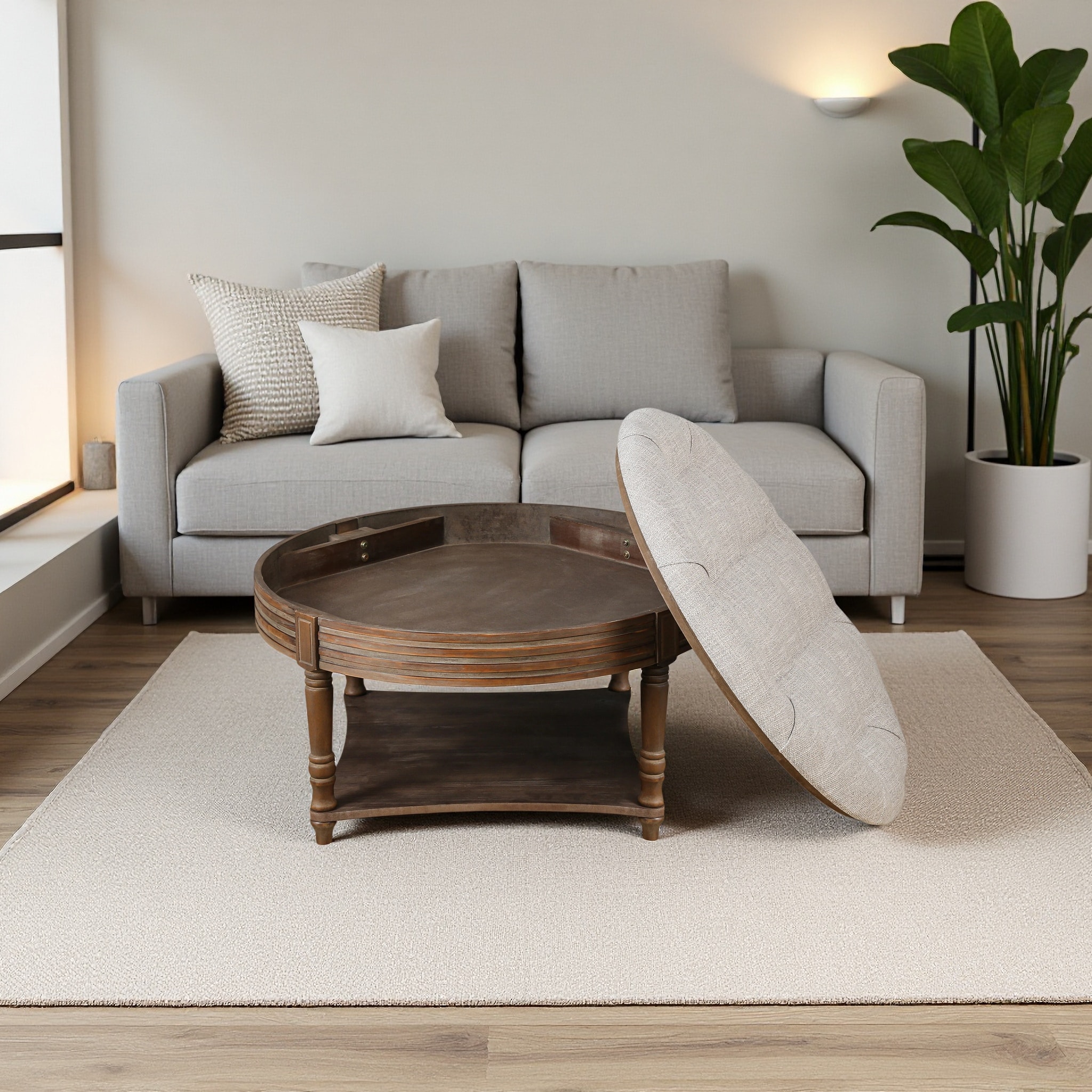 zwyo hosimu - 31.5-in Round Upholstered Ottoman Coffee Table with Two-Tier Storage for Living Room
