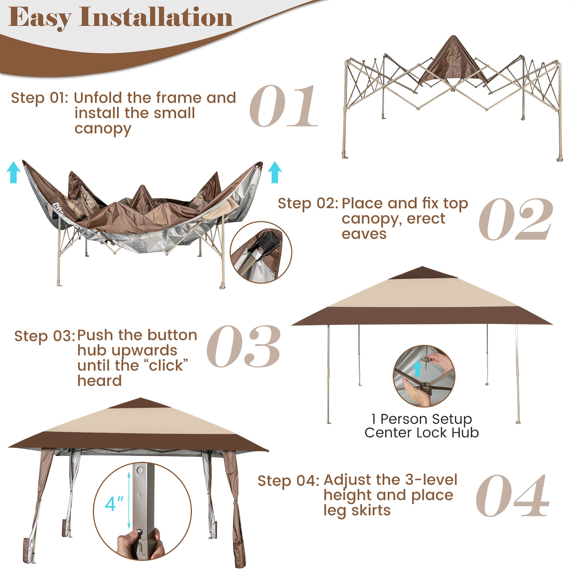 Costway 13 Ft. X 13 Ft. Brown Pop-up Patio Gazebo Tent With One-button 