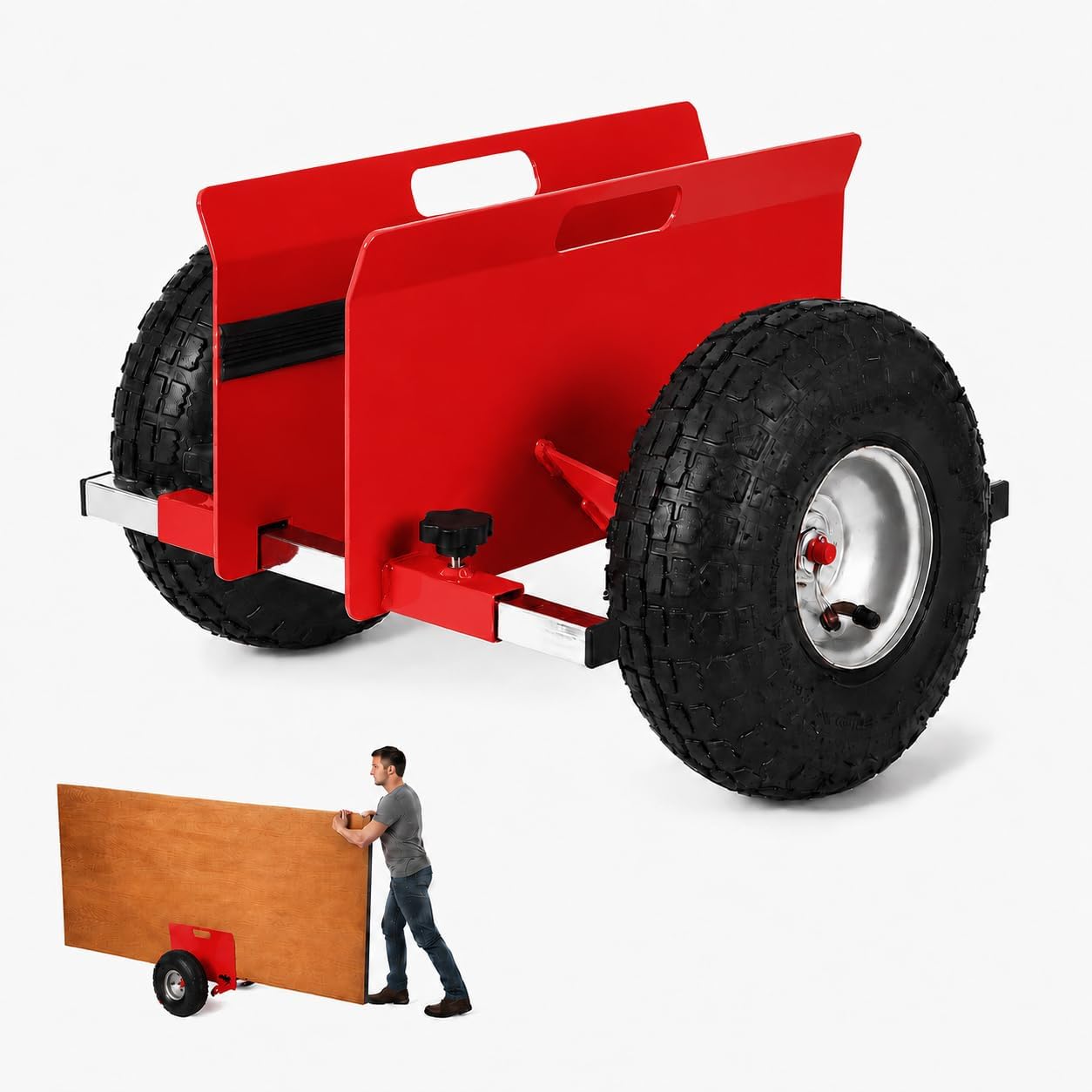 GAOMON 700-lb Panel Dolly with 10-in Pneumatic Wheels Adjustable Clamp Steel Drywall Mover Cart for Doors and Plywood Red