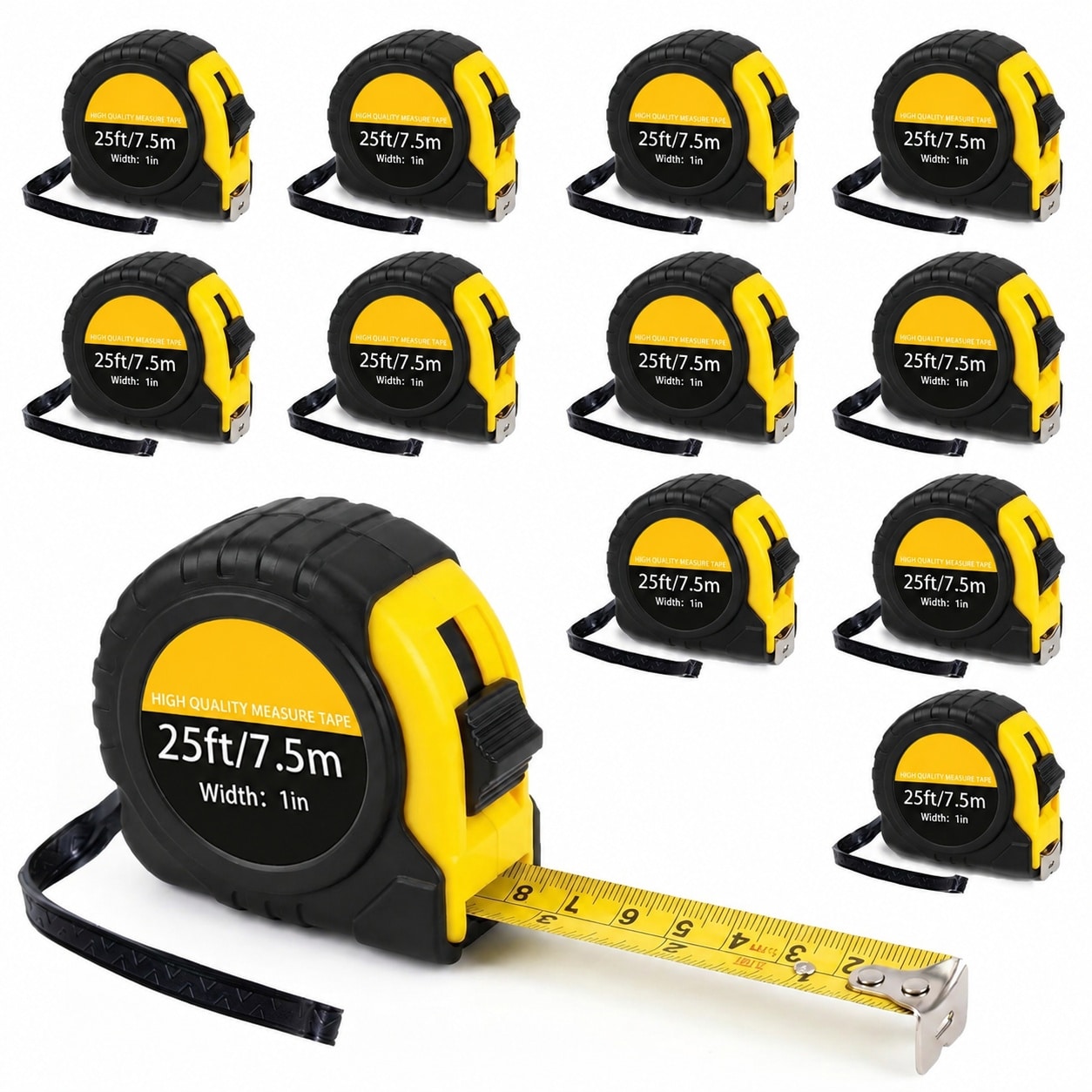 DYRCJ Tape Measure 25 Ft 12 Pack Bulk Metric Imperial Sturdy Carbon Steel Anti Crack ABS Casing Half Wrapped Cushion PVC Cover Large Easy Read #LDY0825Y0330