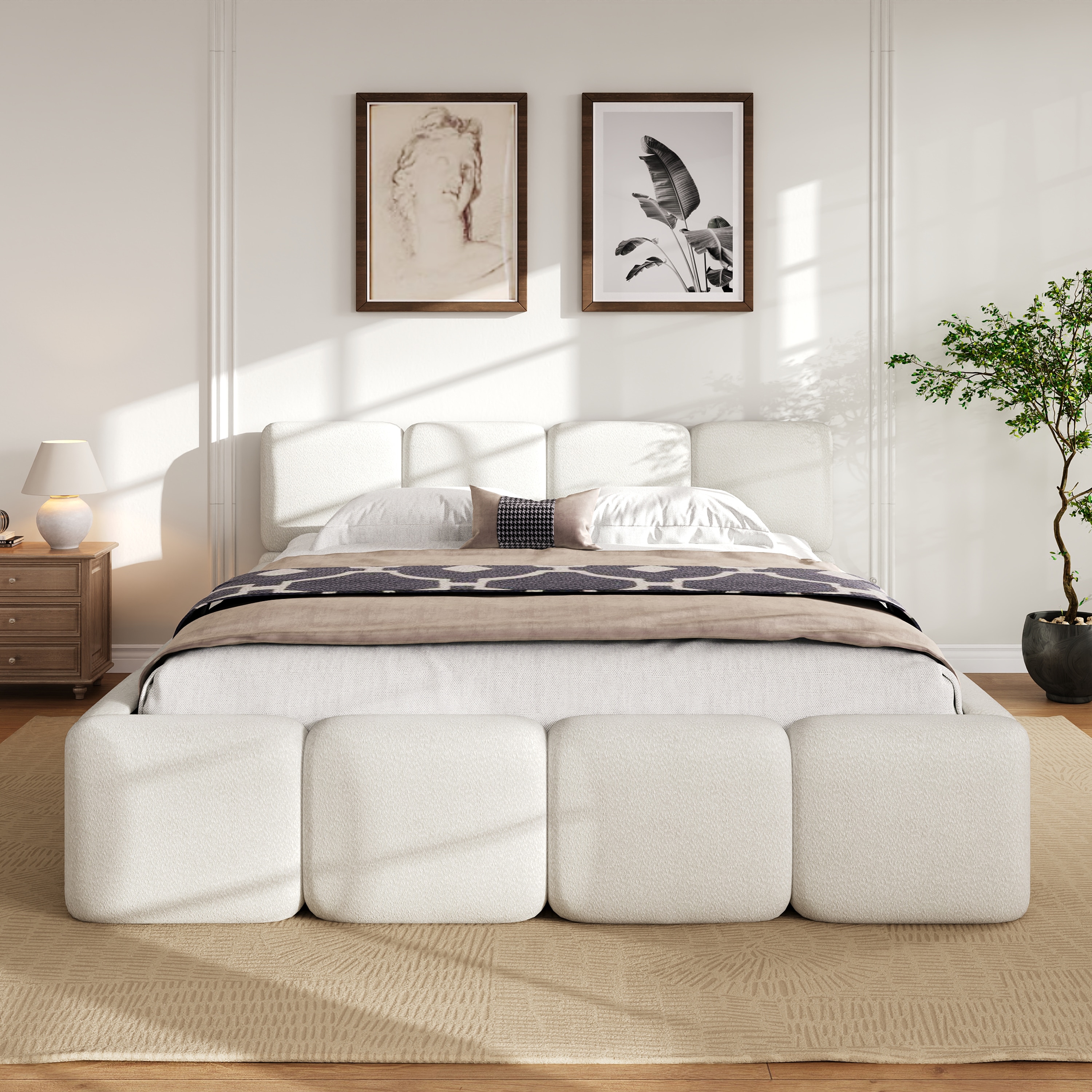 Christopher Knight Home 325849 Cassius Modern Boucle Block Platform Bed Queen White