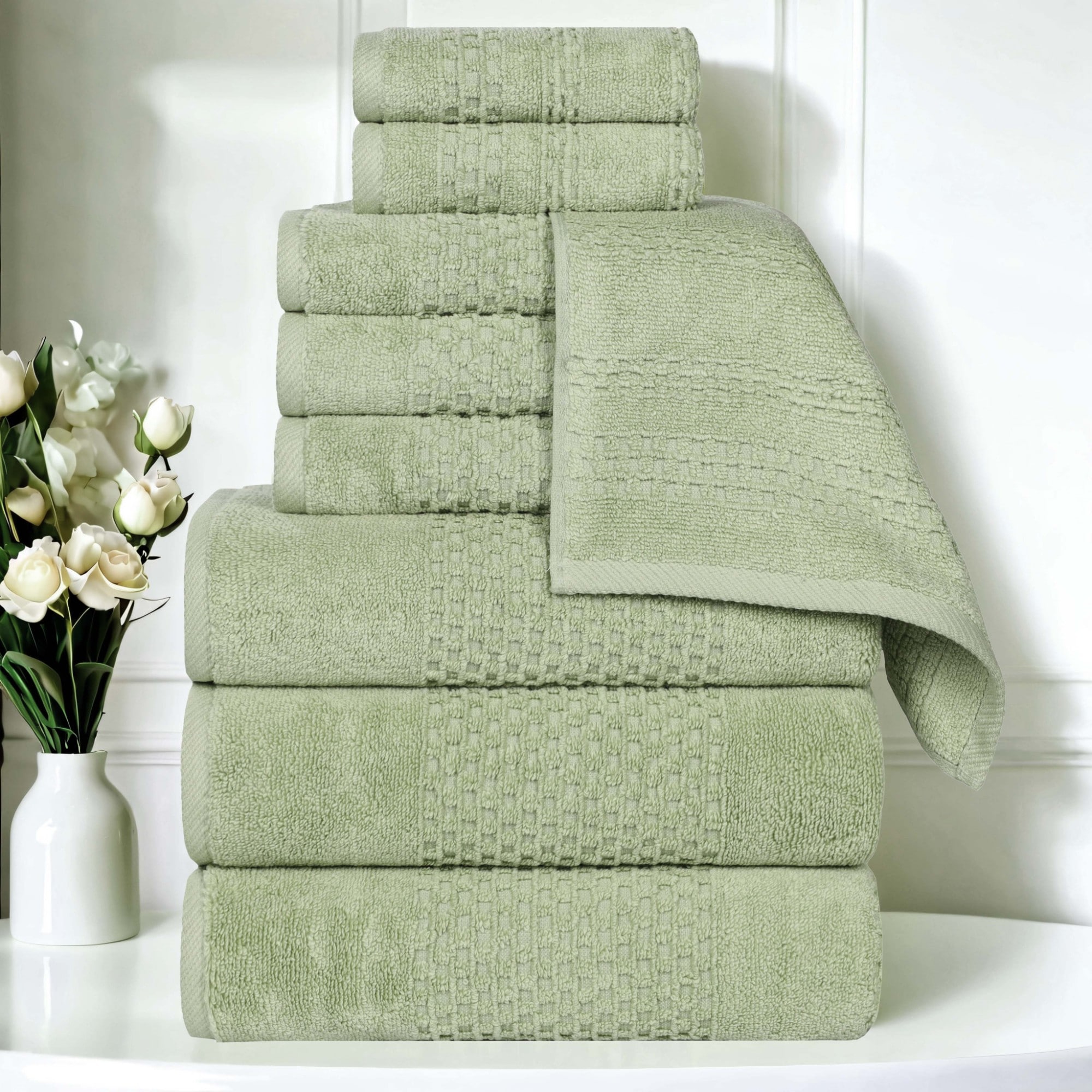 Superior Playa Zero Twist Cotton Medium Weight Solid Waffle Textured 9 Piece Towel Set