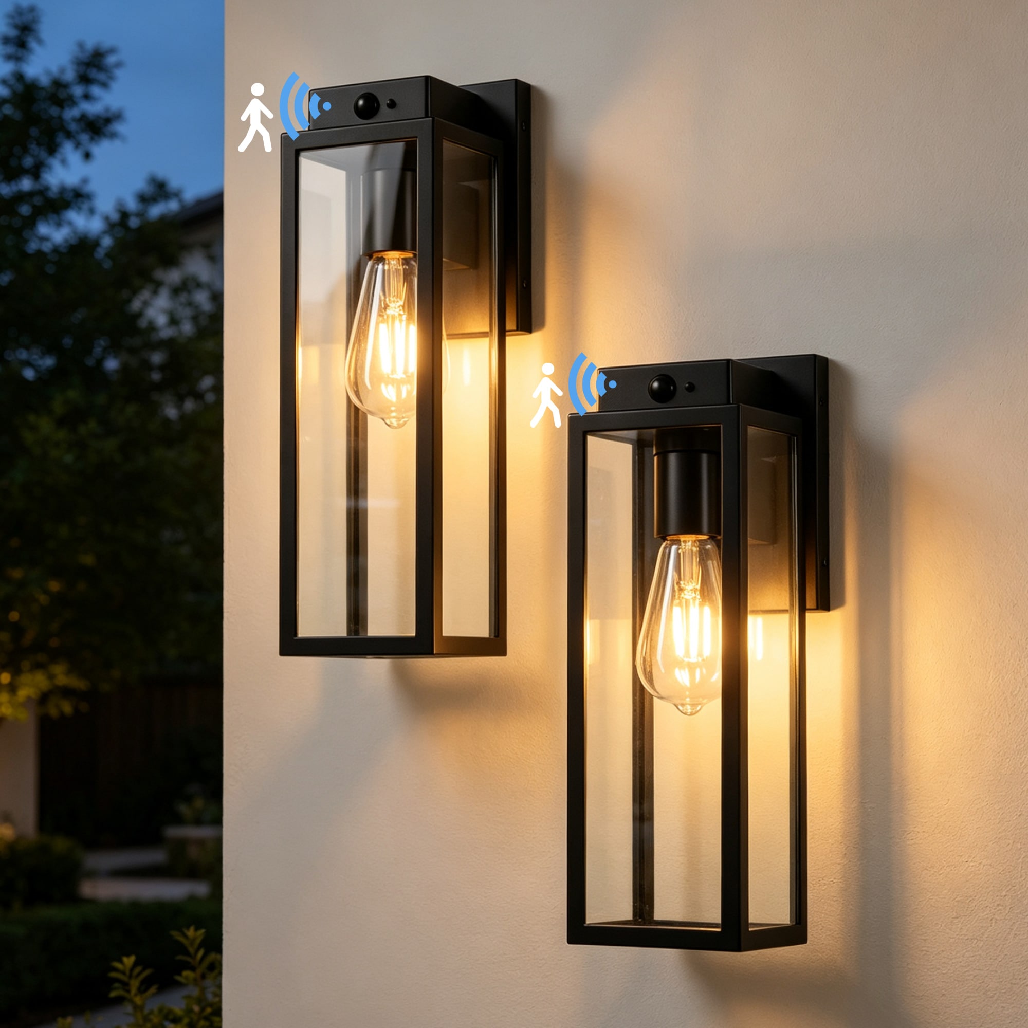 Lanmate  14.96 Inch Matte Black Outdoor Wall Light 2 Pack Motion Sensor Dusk to Dawn Modern Metal Glass Exterior Wall Sconce for Porch Patio Garage