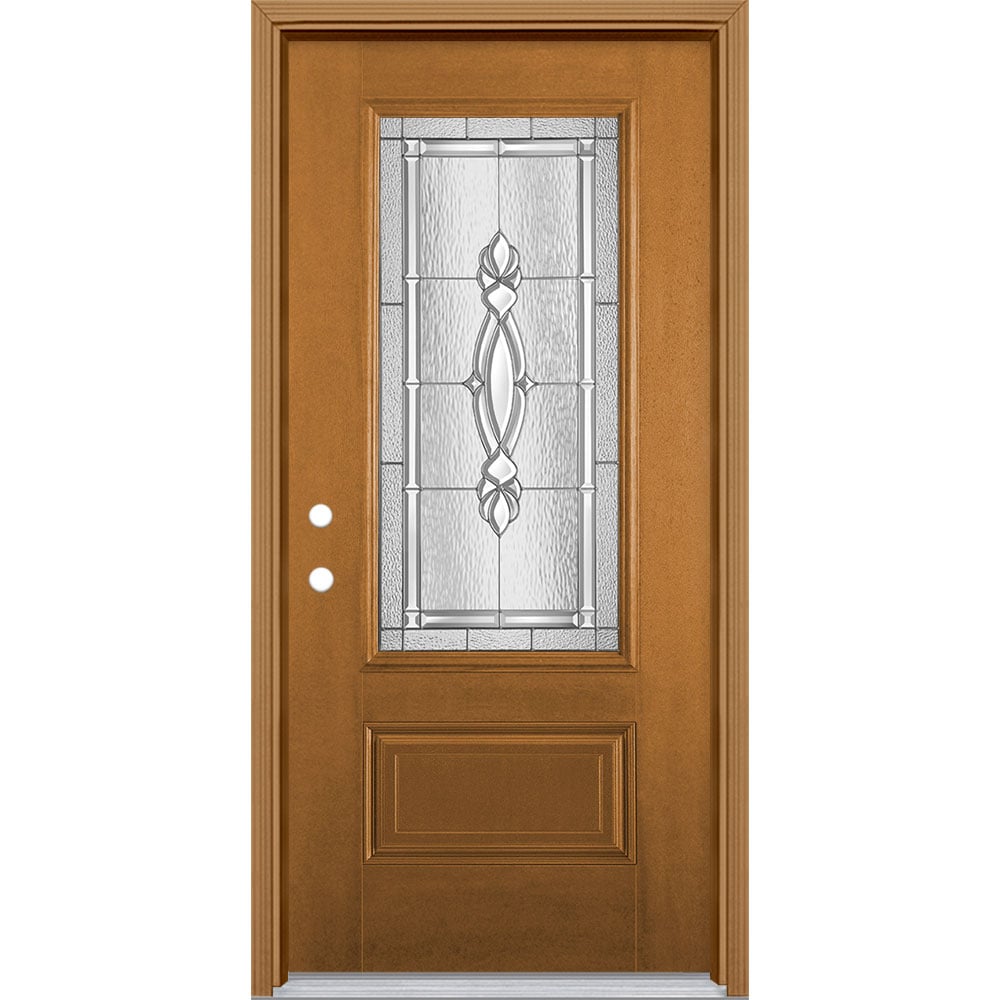 Masonite 3421640 Panama 36-in x 80-in x 4-9/16-in Fiberglass 3/4 lite Right-hand inswing Oakcrest Stained Prehung Single door Front Door with Brickmould Insulating core Decorative glass