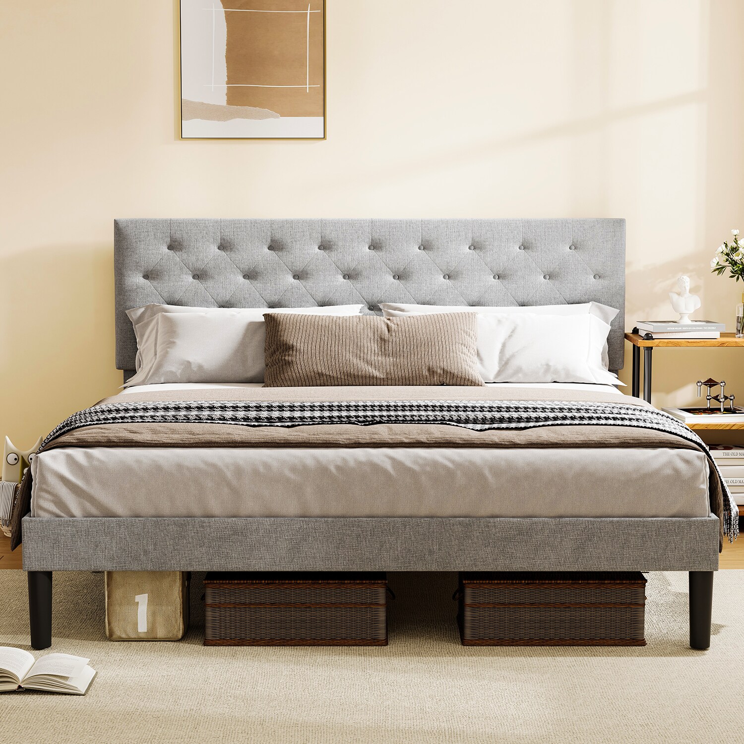 GZMR King Size Gray Bed Frame with Adjustable Headboard Gray King Wood ...