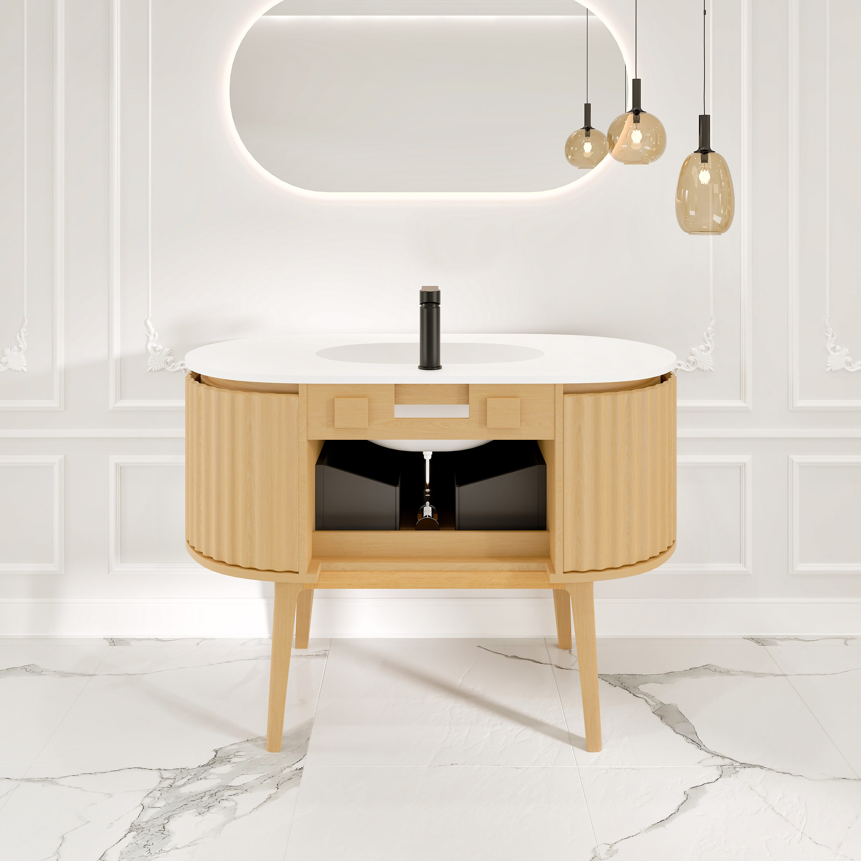 Natural Oak Freestanding Bathroom Vanity with White Solid Surface Top
