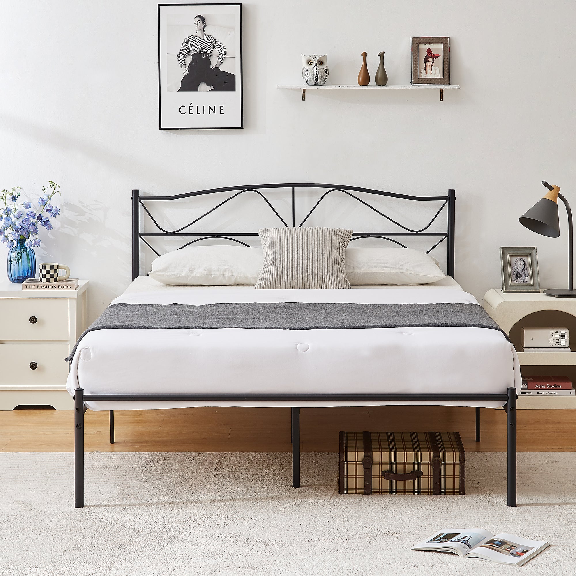 Vecelo LOE-Q38-BLK Queen Size Bed Frame Metal Bed Platform with Headboard Sturdy Steel Slats Support Noise Free Easy Assembly Black