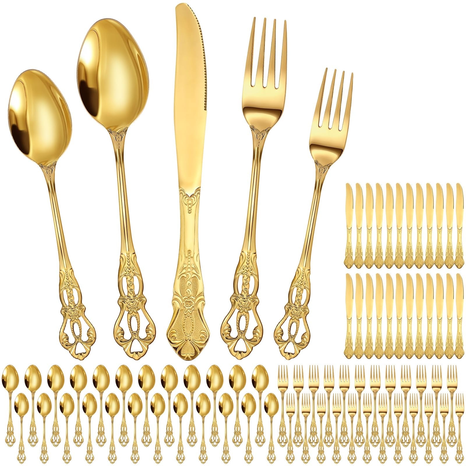 Aoibox  120 Piece Gold Stainless Steel Flatware Set with Retro Relief Handles for Dining and Events