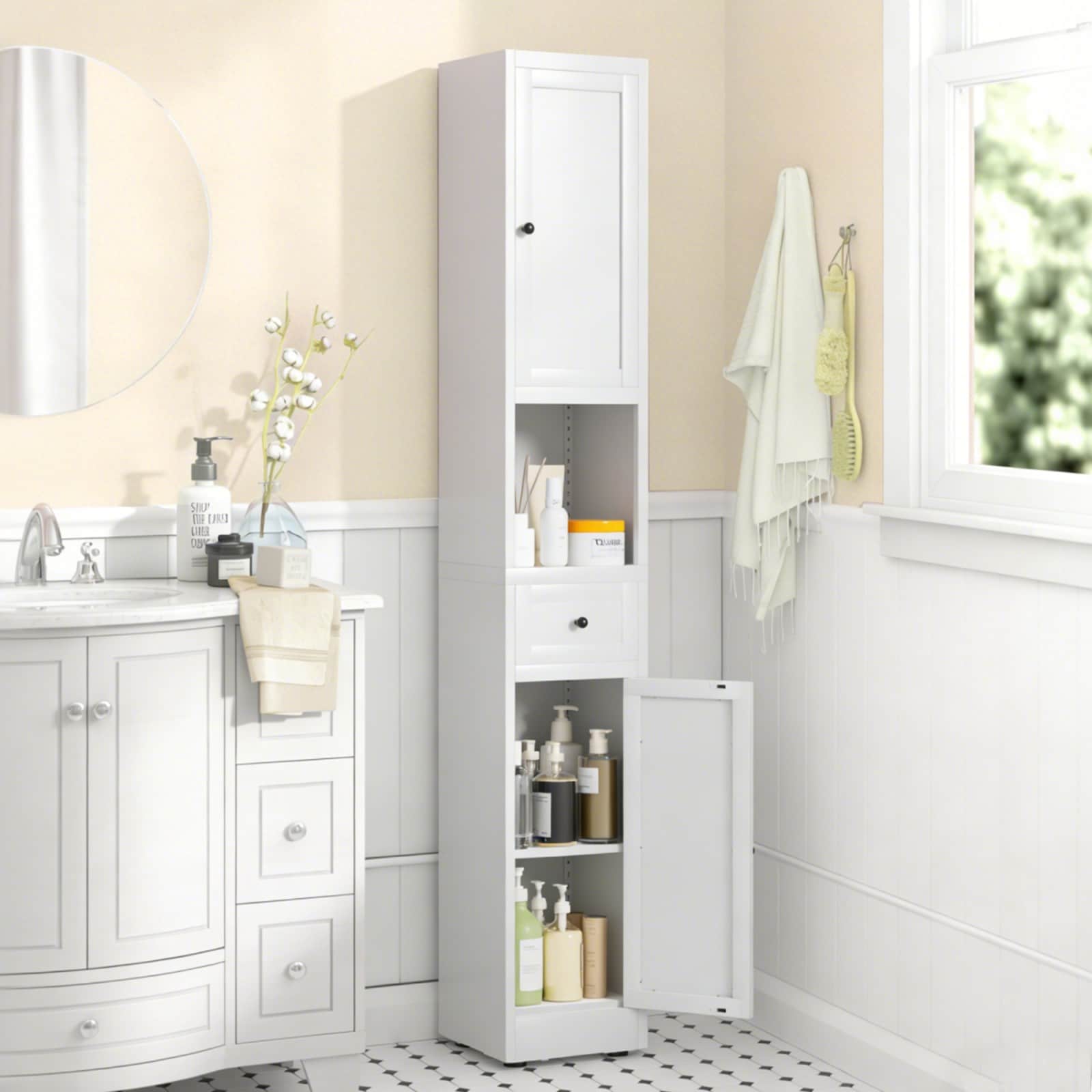 GlasFlength  71 Inch Tall Bathroom Storage Cabinet 5 Tier Narrow Metal Cabinet with 2 Doors and Adjustable Shelves Freestanding Space Saving Cabinet for Kitchen Laundry