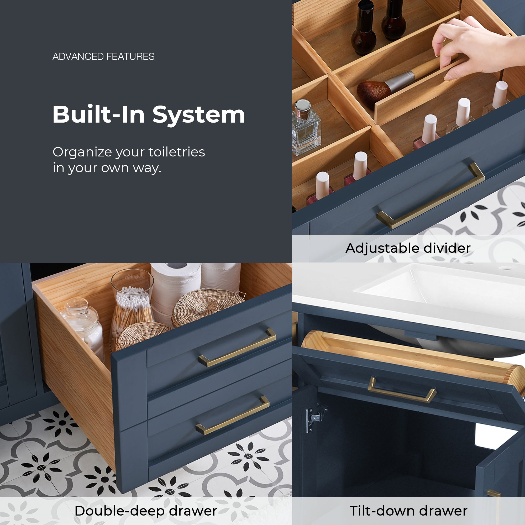 Tahoe 72" Midnight Blue Double Bathroom Vanity with Brass Hardware