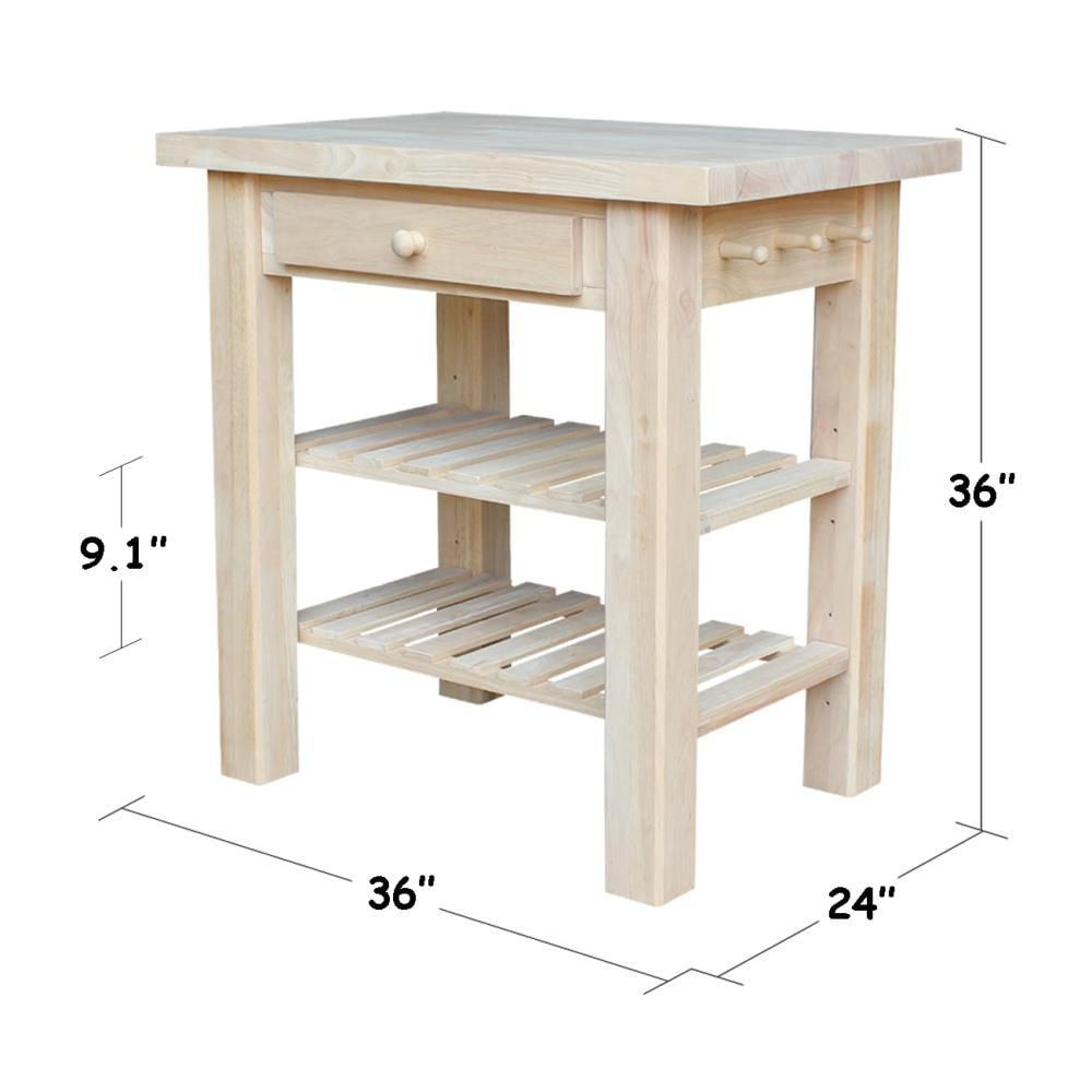 Natural Unfinished Parawood Kitchen Island with Drawer and Shelves