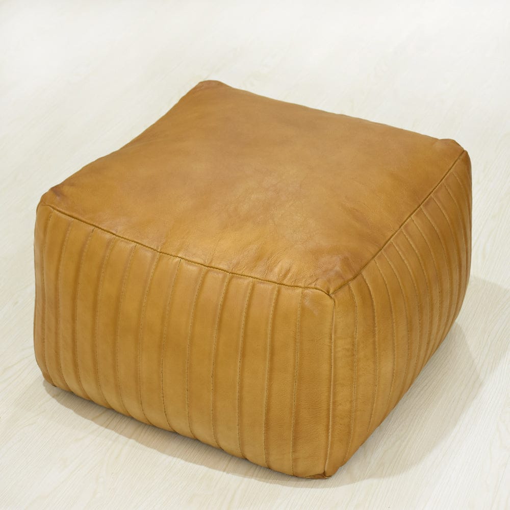 Rugsotic Carpets Square Shaped Goat Leather Handmade Eco-Friendly Beige Pouf - Square Pouf 21 x 21 x 12 Inch Plain Solid Pouf Goat Leather Pouf Recycled Foam with Fibre Fill Stuffed Pouf Seating Pouf PF08