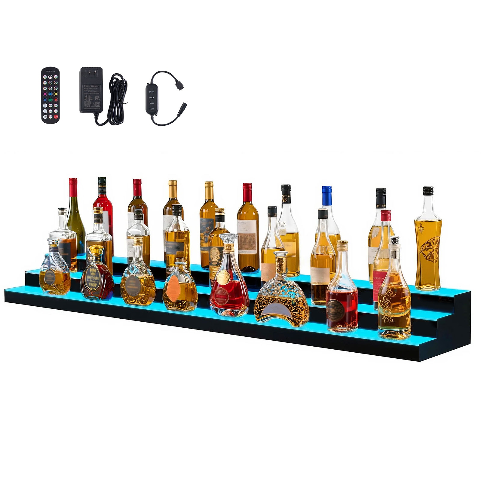 VEVOR LED Lighted Liquor Bottle Display 3-Tier 70 Inch Illuminated Home Bar Shelf with RF Remote and App Control 7 Static Colors Acrylic Lighted Whiskey Shelf for 52 Bottles Powered by Adapter Only