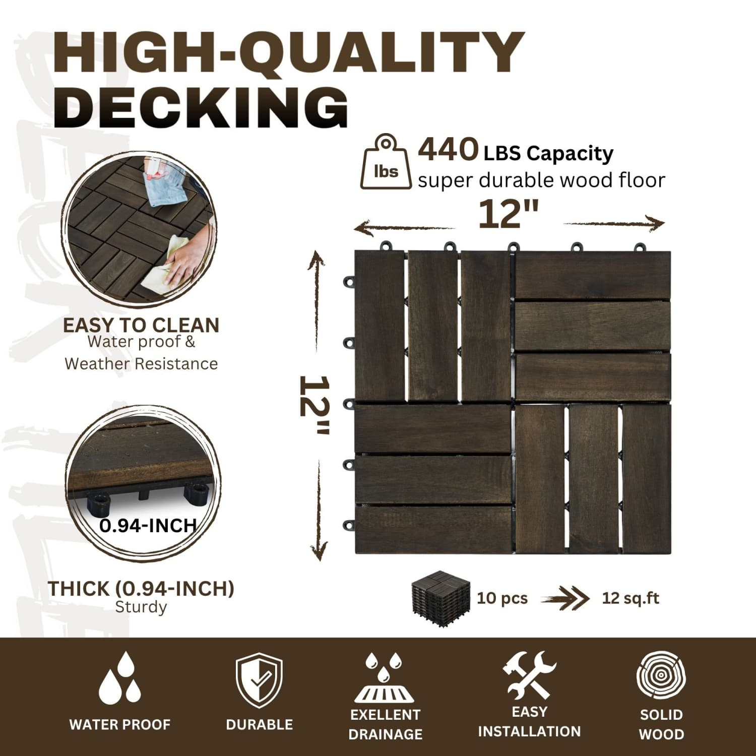 OGETFUUR 12in L x 12in W 30-Pack Checker Pattern Dark Brown Deck Tile ...
