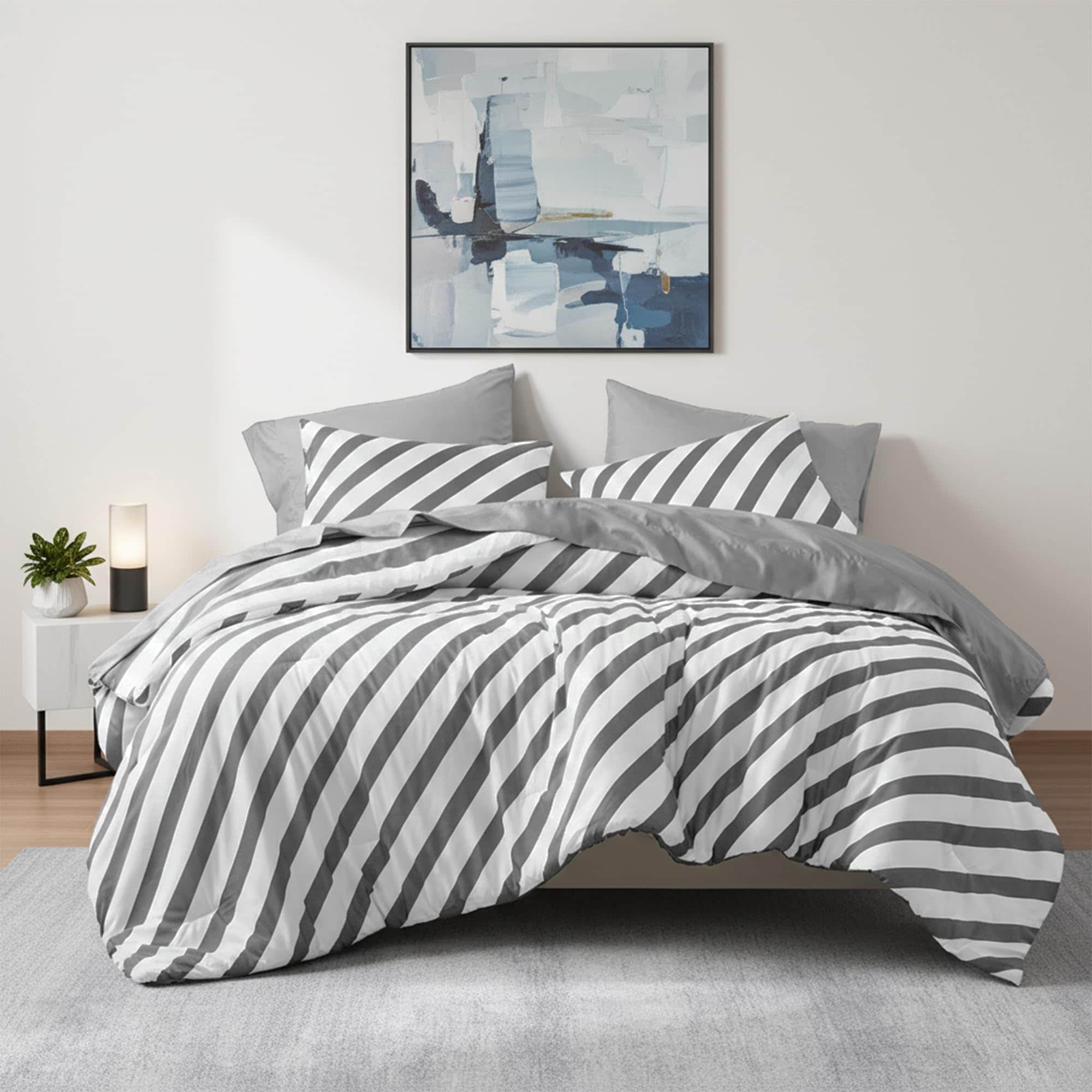 WZKZLH Charcoal King 7 Piece Reversible Striped Microfiber Bed In A Bag Bedding Set