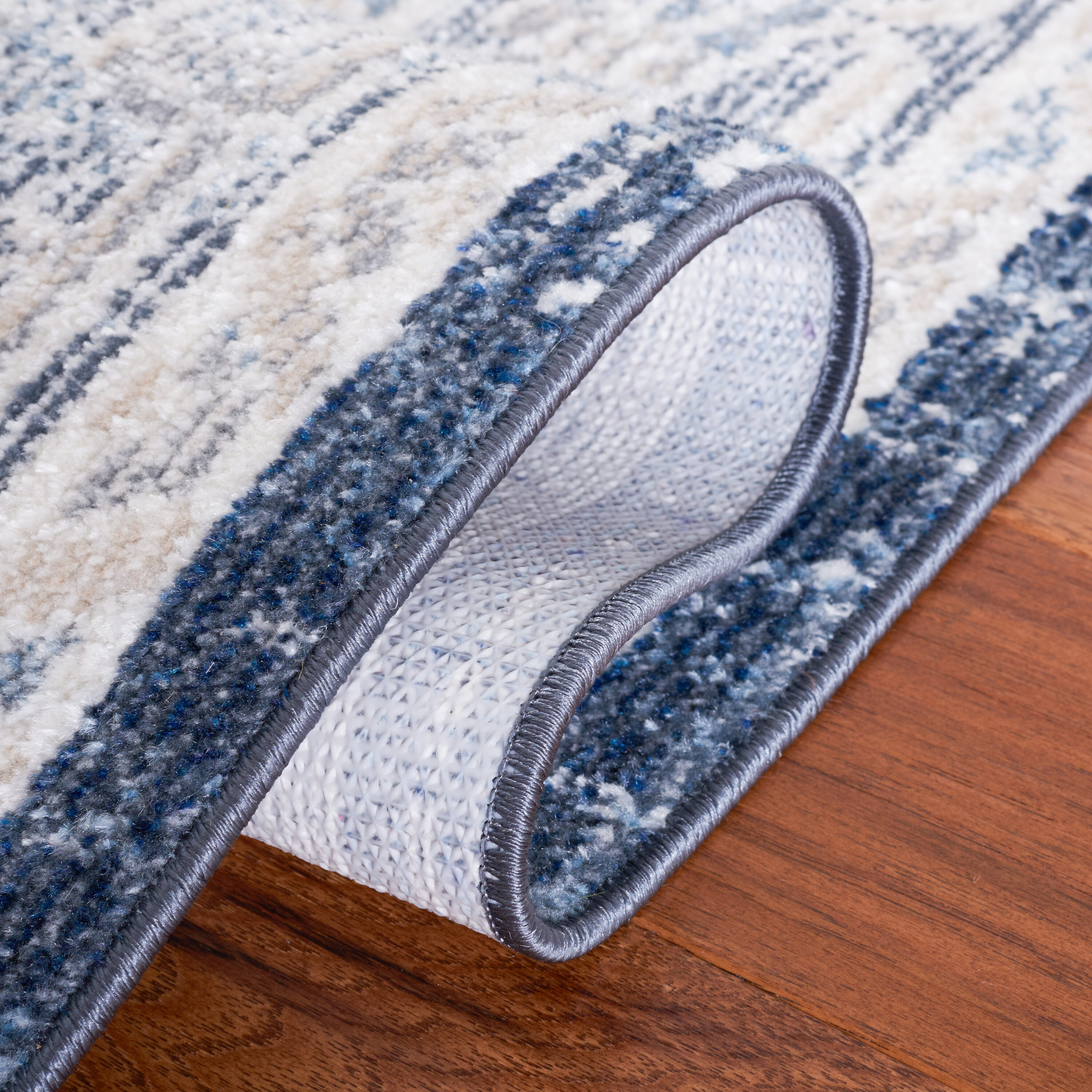 Beige and Navy Washable Synthetic Flat Woven Area Rug