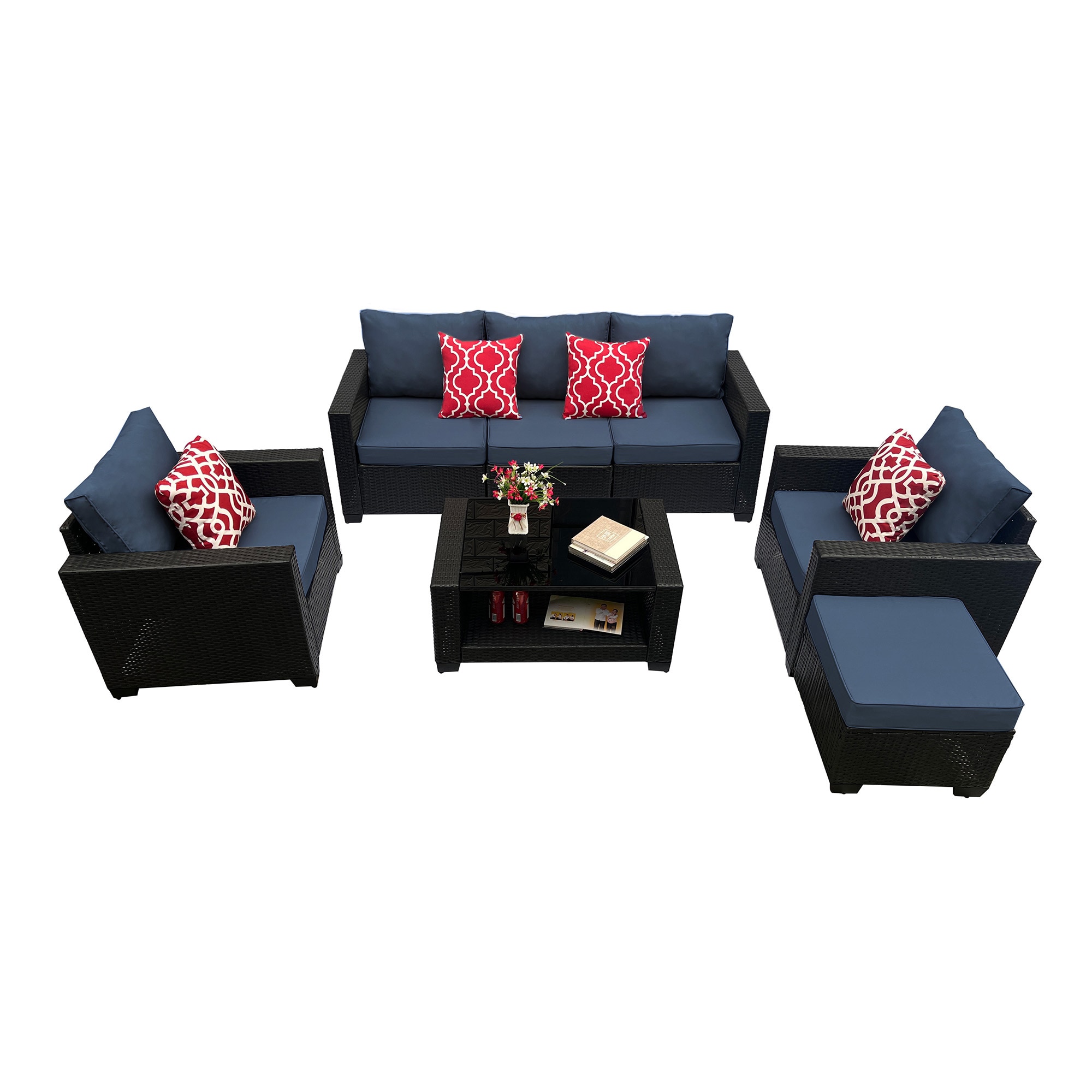Bybafun YA7100016 Rattan Outdoor Sectional with Blue Cushions and Iron Frame