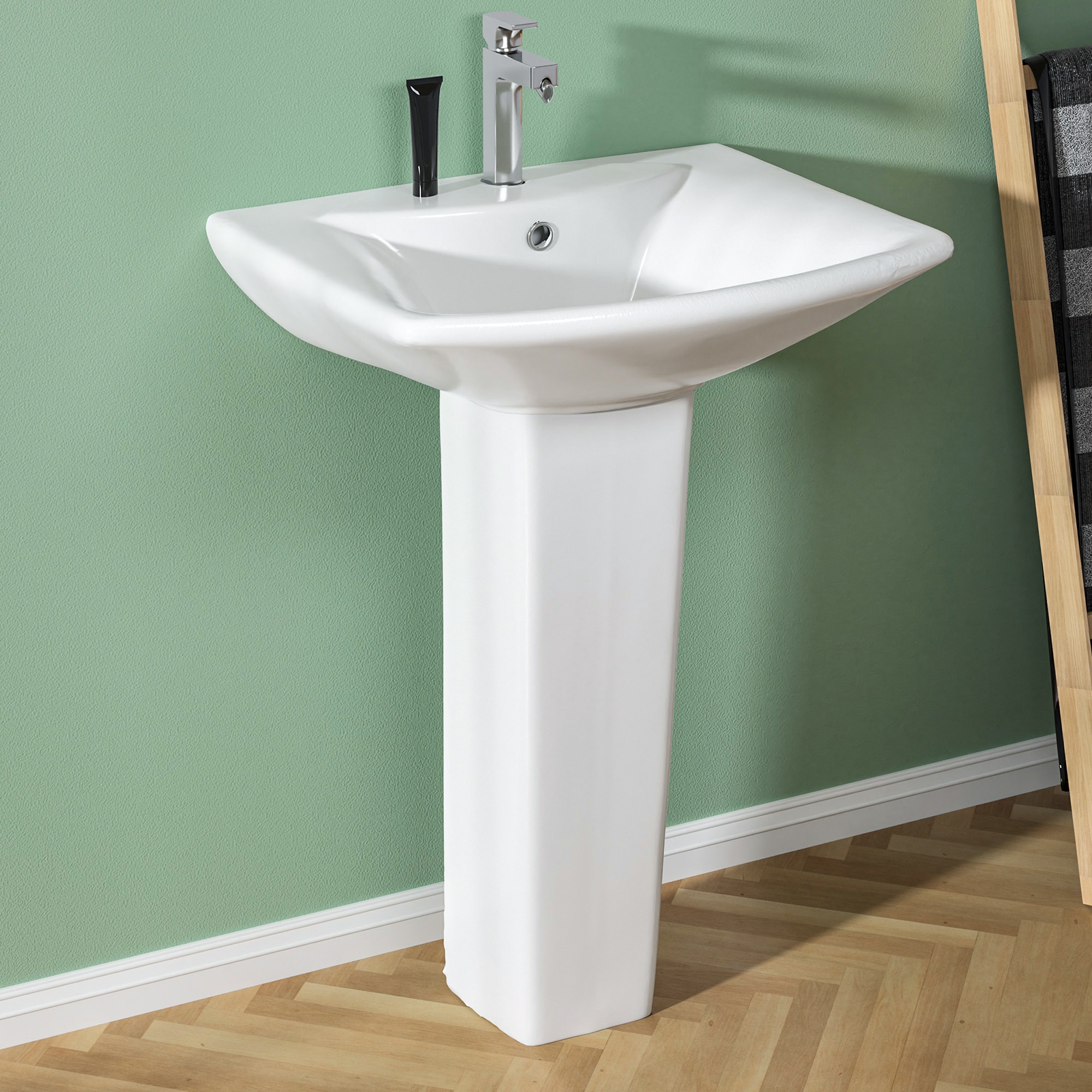 Miuara  24-in x 19-in Vitreous China White Pedestal Sink Combo for Bathroom or Laundry or Aisle with 1 Faucet Hole 1 Overflowo (24-in x 19-in x 33.5-in)