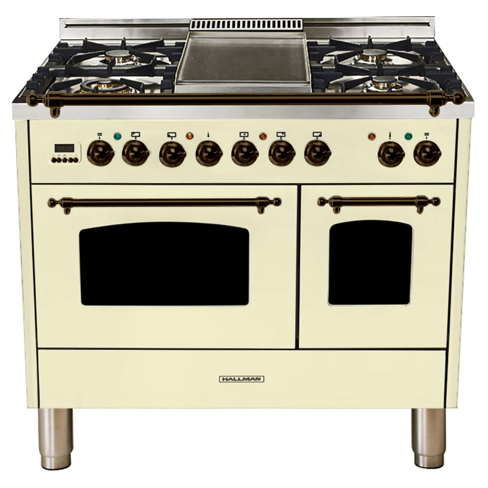 Hallman HDFR40BZAW 40-in 5 Burners 2.55-cu ft / 1.45-cu ft Convection Oven Freestanding Double Oven Dual Fuel Range (Antique White/Bronze)