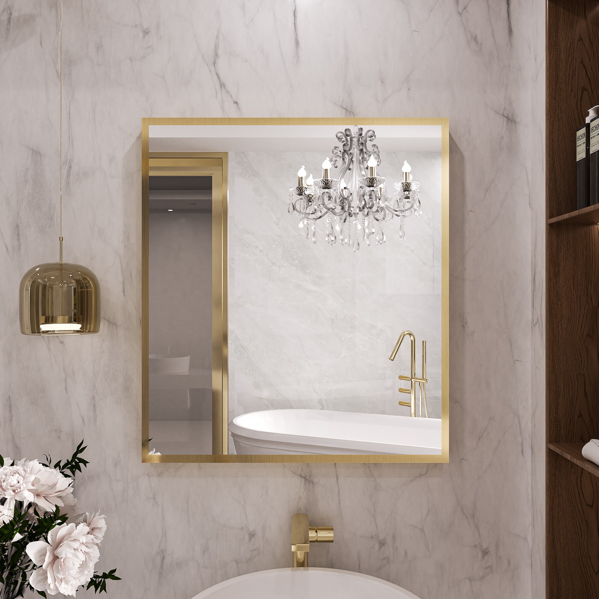 Yulika Ptjz 32-in x 36-in Framed Rectangle Bathroom Vanity Mirror ( Gold )