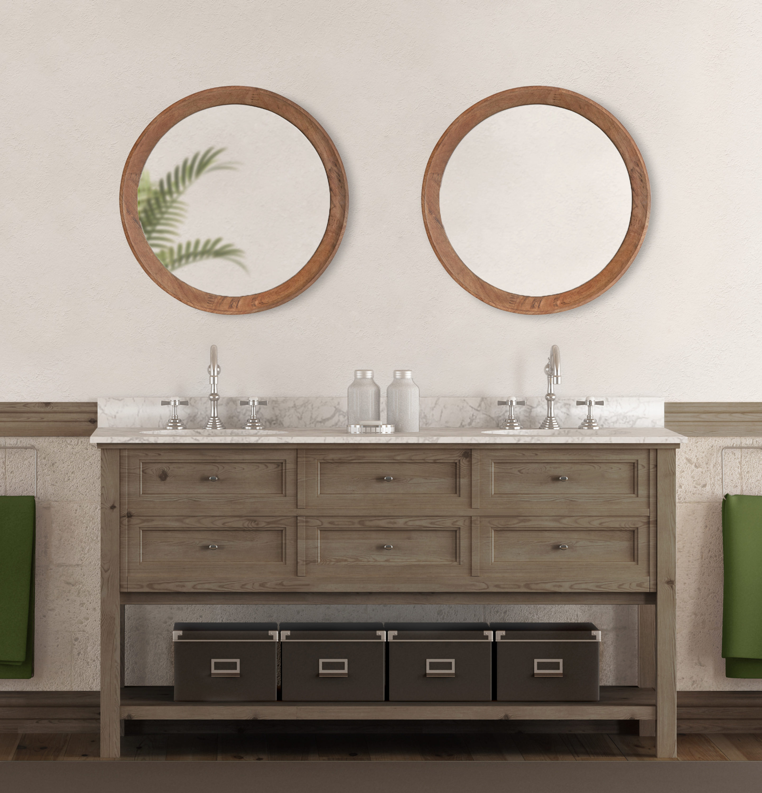 24-Inch Round Brown Wood Framed Vanity Mirror