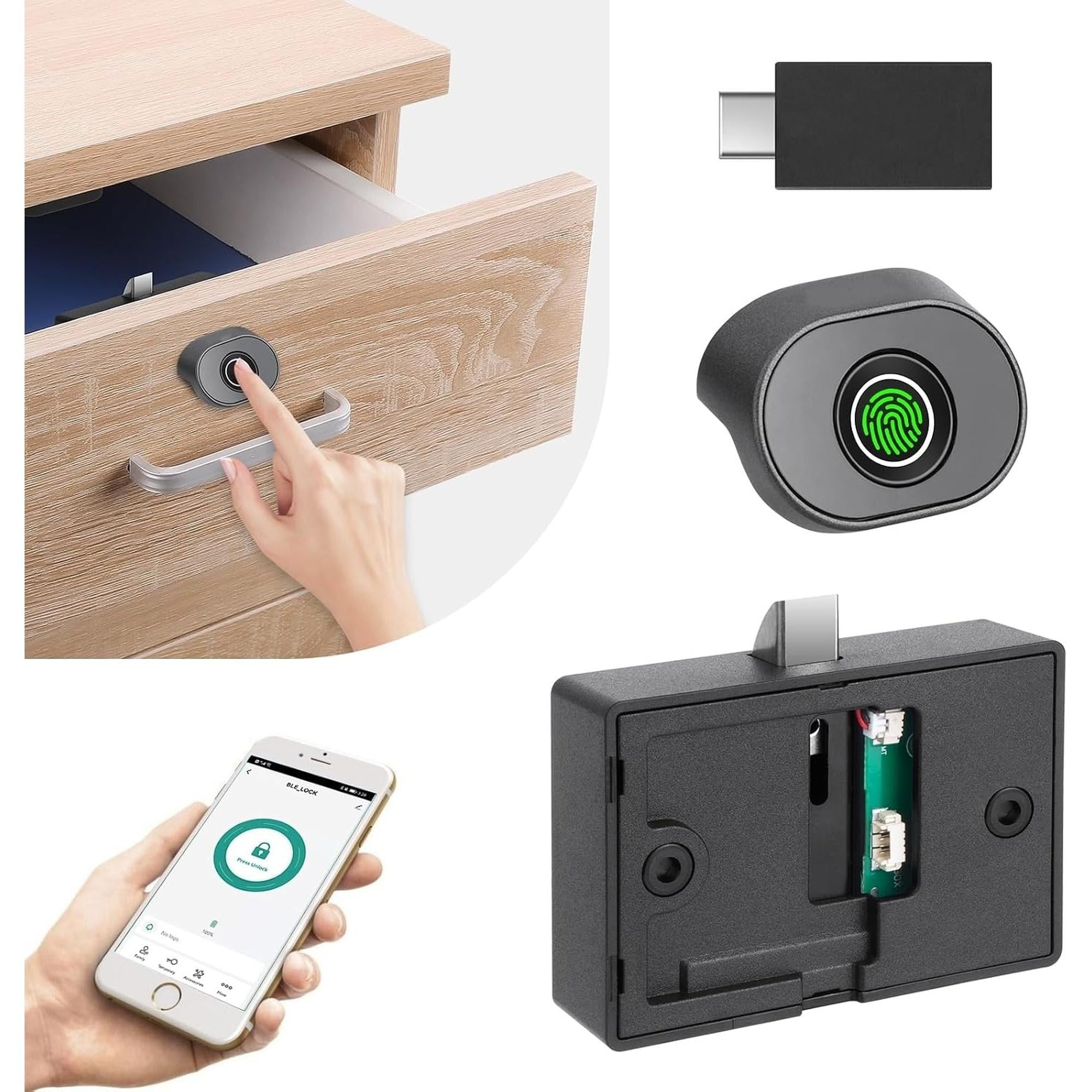 Angel Sar Bluetooth Fingerprint Cabinet Lock Smart Biometric Keyless Hidden Child Safety for File Drawer Wardrobe DIY Wooden Furniture Alloy Steel