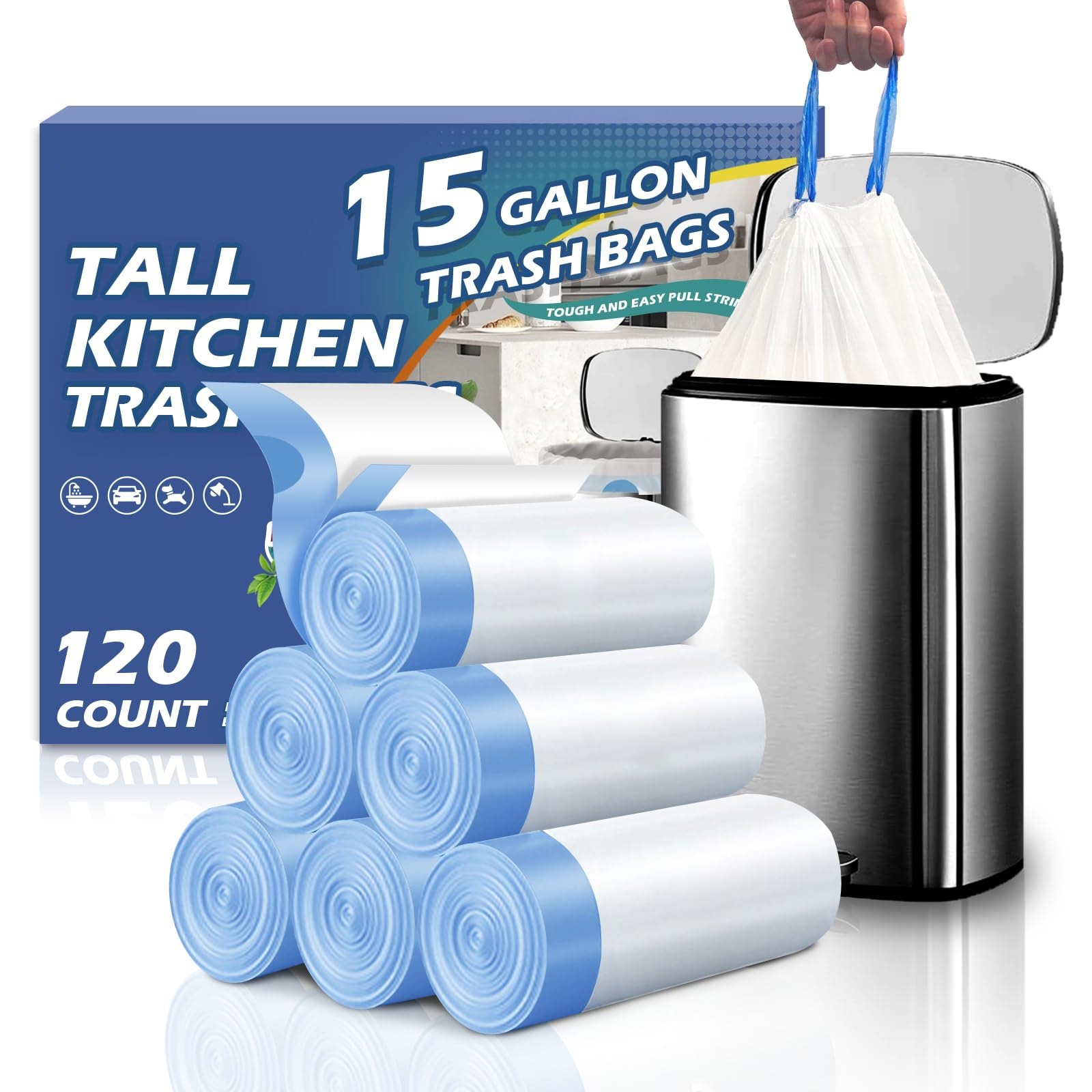 Phyfalip  15 Gallon Trash Compactor Bags Drawstring Heavy Duty 1 7 Mil Unscented White Tall Kitchen Bin Liners 120 pack for Home Yard Lawn Waste