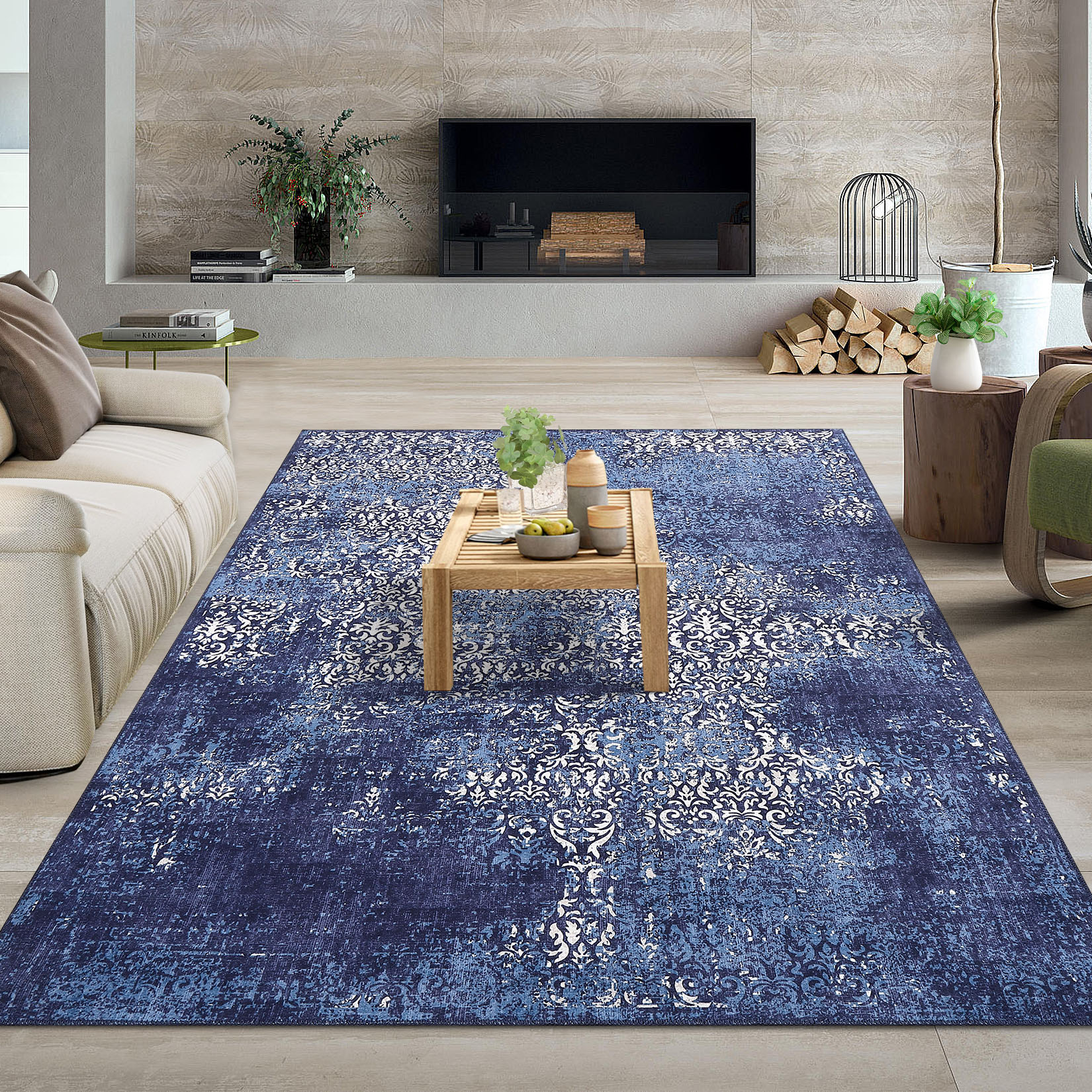 Garvee YXY-LO-PHO-13RJGXZE 8 x 10 (ft) Chenille Blue Rectangular Indoor Floral/Botanical Vintage Machine washable Area rug